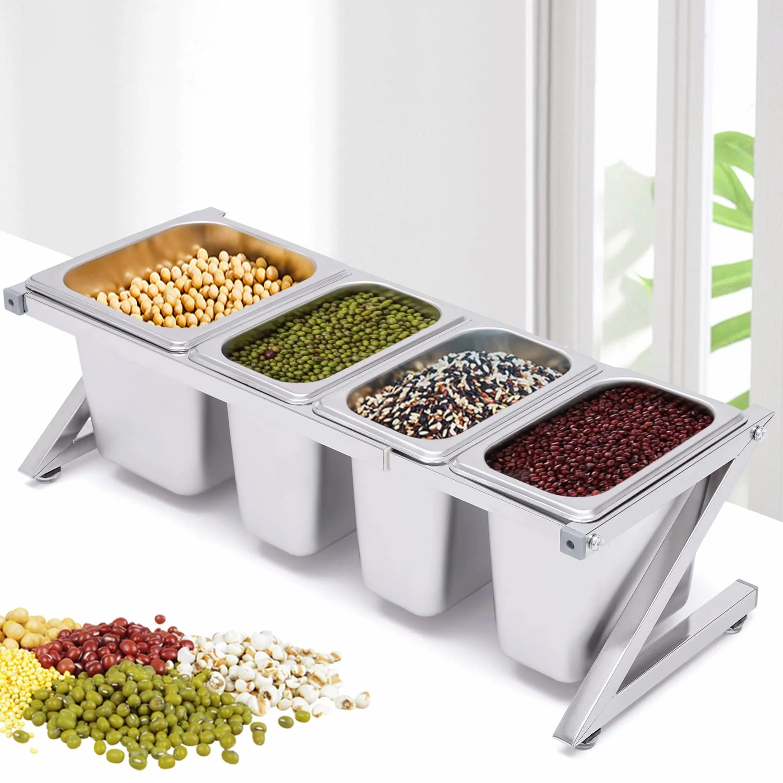 Estante de especias expandible, acero inoxidable con tapa, pies antideslizantes, dispensador de especias de 3 1/9, sartén de 1 1/6, 4 cucharas medidoras para almacenamiento de cocina