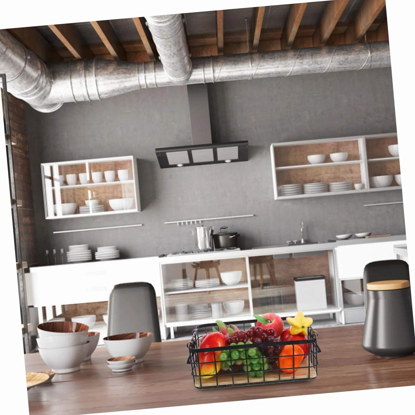ULTECHNOVO Cesta de Almacenamiento de Alambre Negra Asa y Base de Madera | Rectangular y Robusta, para Frutas y Utensilios del Hogar, Uso en Mesa o Exterior