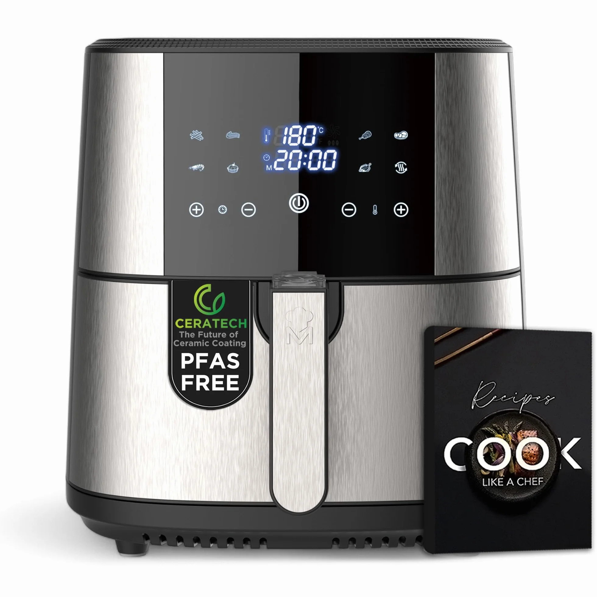 MasterPRO ROCKET 600 - Freidora de aire caliente 6L SIN PFAS 1800W 6L con Revestimiento Cerámico CERATECH - Pantalla táctil LED - Termostato desde 80-200°C - Cesta extraíble - Carcasa Acero Inoxidable