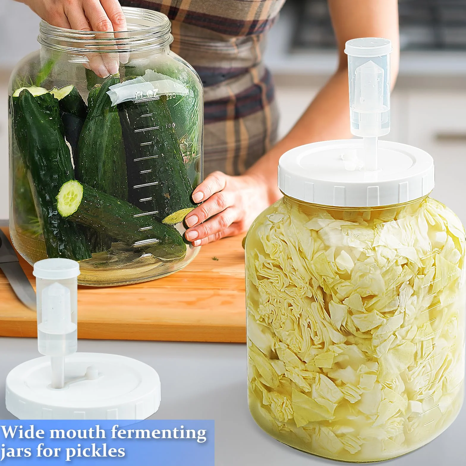 Paquete de 2 tarros de fermentación grandes con tapa y cierre de aire, tarros de vidrio de boca ancha de 1 galón con tapa de fermentación y ojal, tarros de vidrio herméticos con marca de escala para
