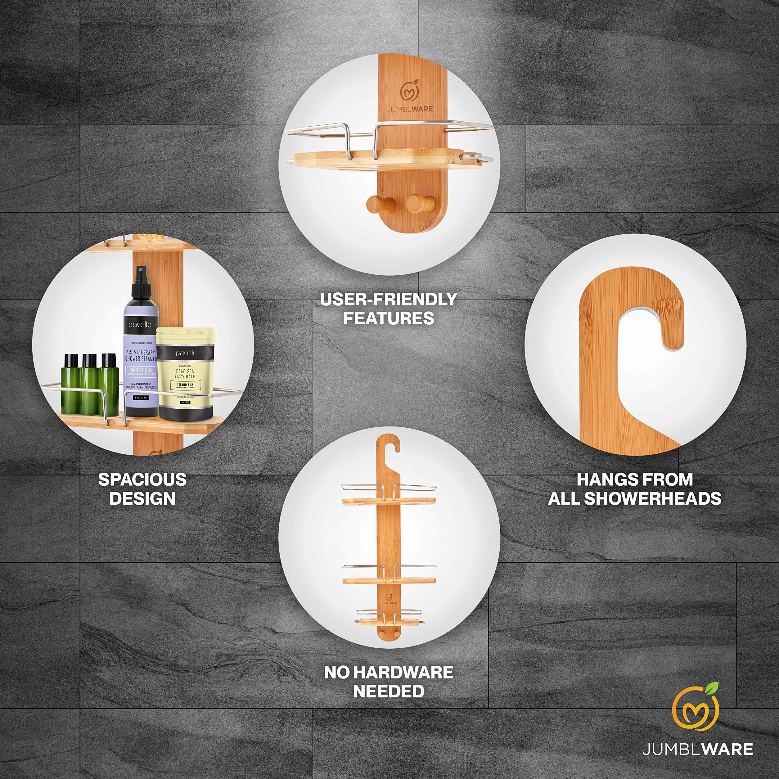 JumblWare Organizador de ducha de bambú. Organizador de bañera de 3 niveles para colgar sobre cabezal de ducha con soporte para cepillo de dientes, ganchos para maquinilla de afeitar y estante con