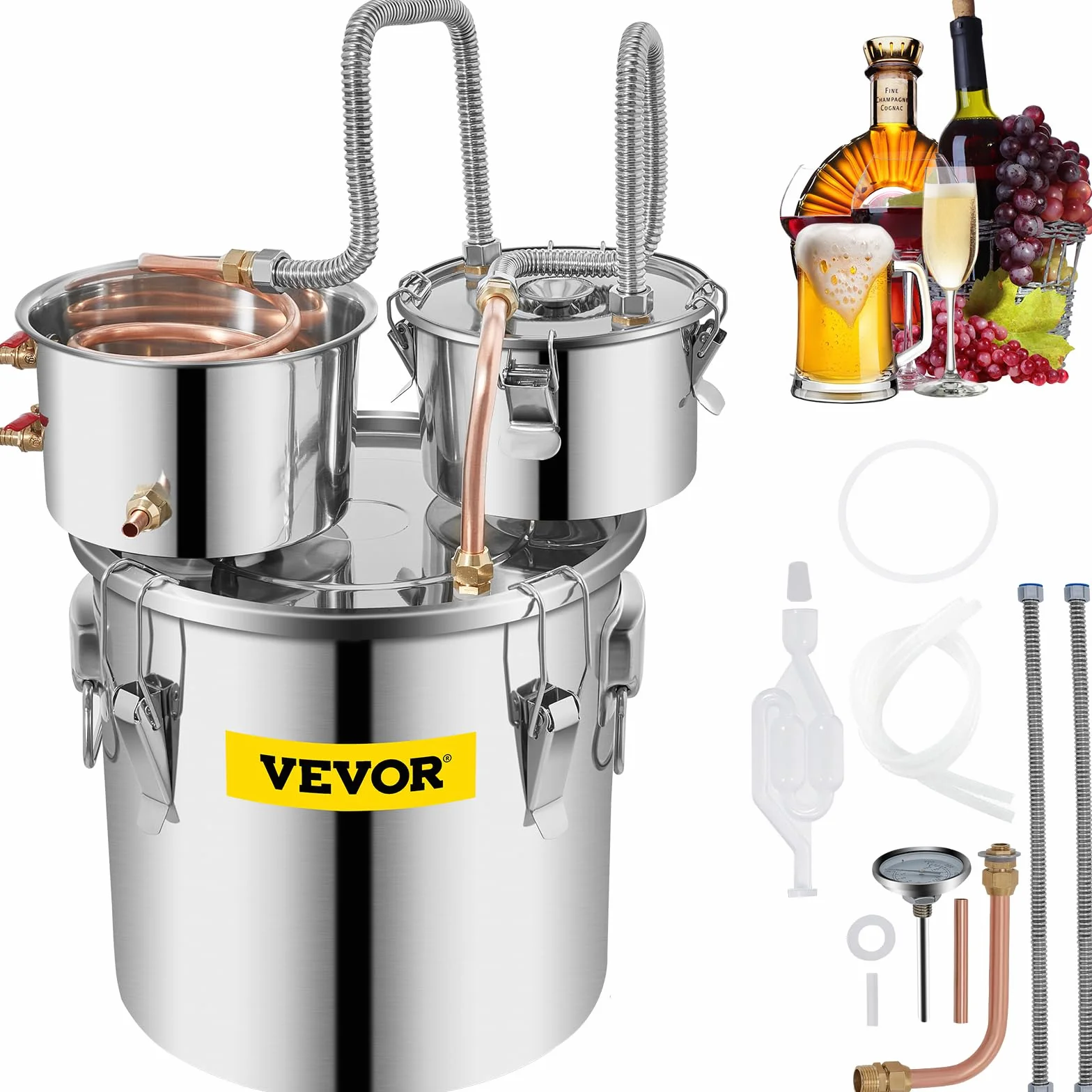 VEVOR Alambique Destilador 3Gal / 11,4L Alambique para Grappa de Acero Inoxidable y Cobre Rojo Destilador de Agua con Dos Barriles Alambique Aceites Esenciales Kit para Producción de Vino Whisky