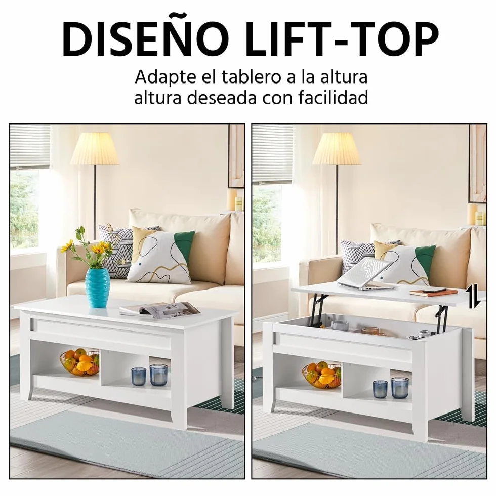 Yaheetech Mesa Centro Elevable de Madera Mesa de Café para Salón con Revistero Mueble de Diseño Moderno 104.5 x 49.5 x (49-61.5) cm Blanco
