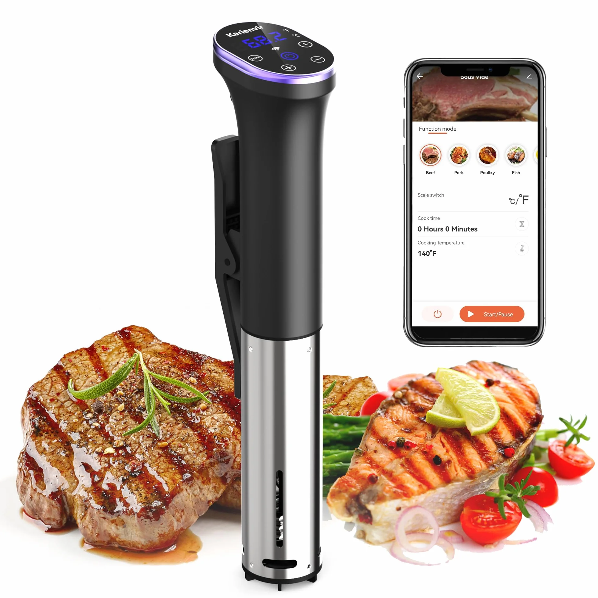 Sous Vide Roner WI-FI 1100W, Circuladores Control de Temperatura de Precisión, Pantalla LED, Función de Temporizador, Inmersión a Prueba de Agua IPX7