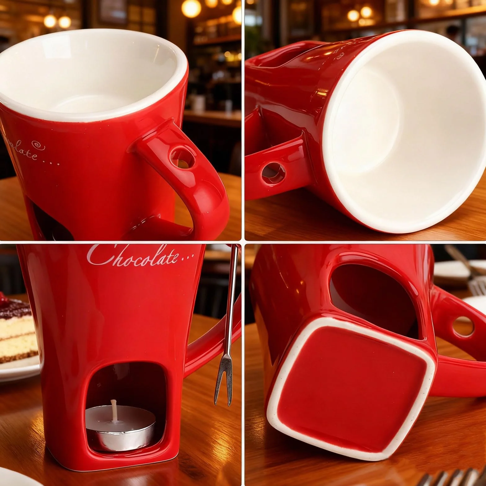 Taza de cerámica para fondue de chocolate 130 ml con portavelas y tenedores