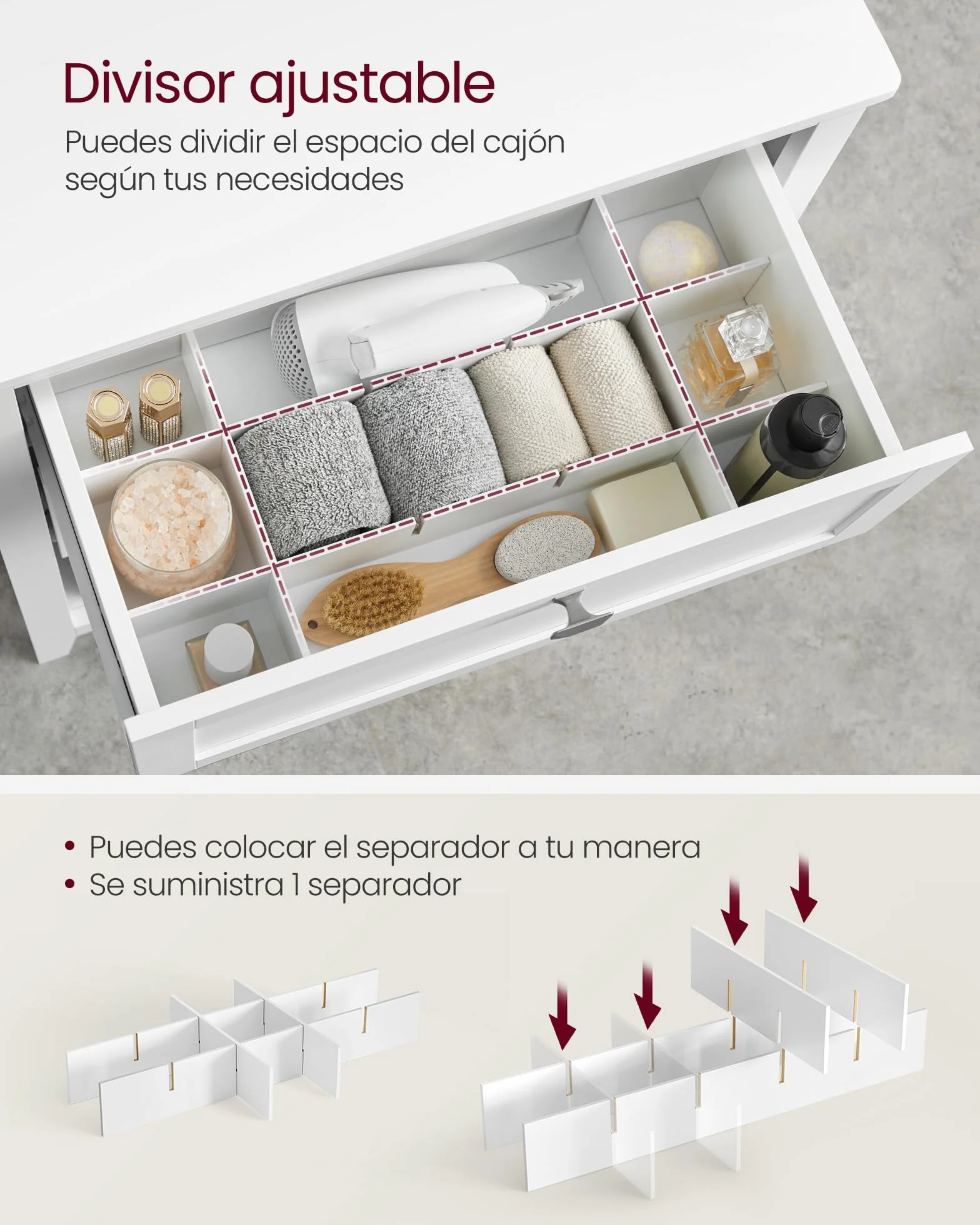 VASAGLE Mueble de Baño, Armario de Baño, 2 Cajones con un Juego de Divisor Regulable, 2 Cestas, Aparador, 30 x 60 x 80 cm, Blanco Nube BBC545W02