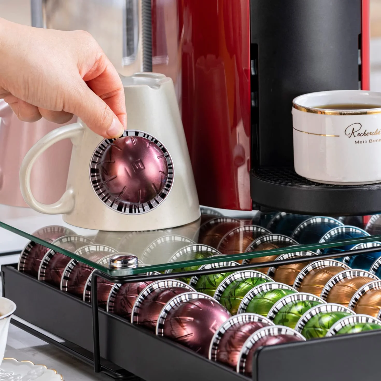 Soporte para cápsulas FlagShip Vertuo, organizador de café Nespresso, placa de vidrio 50 cápsulas
