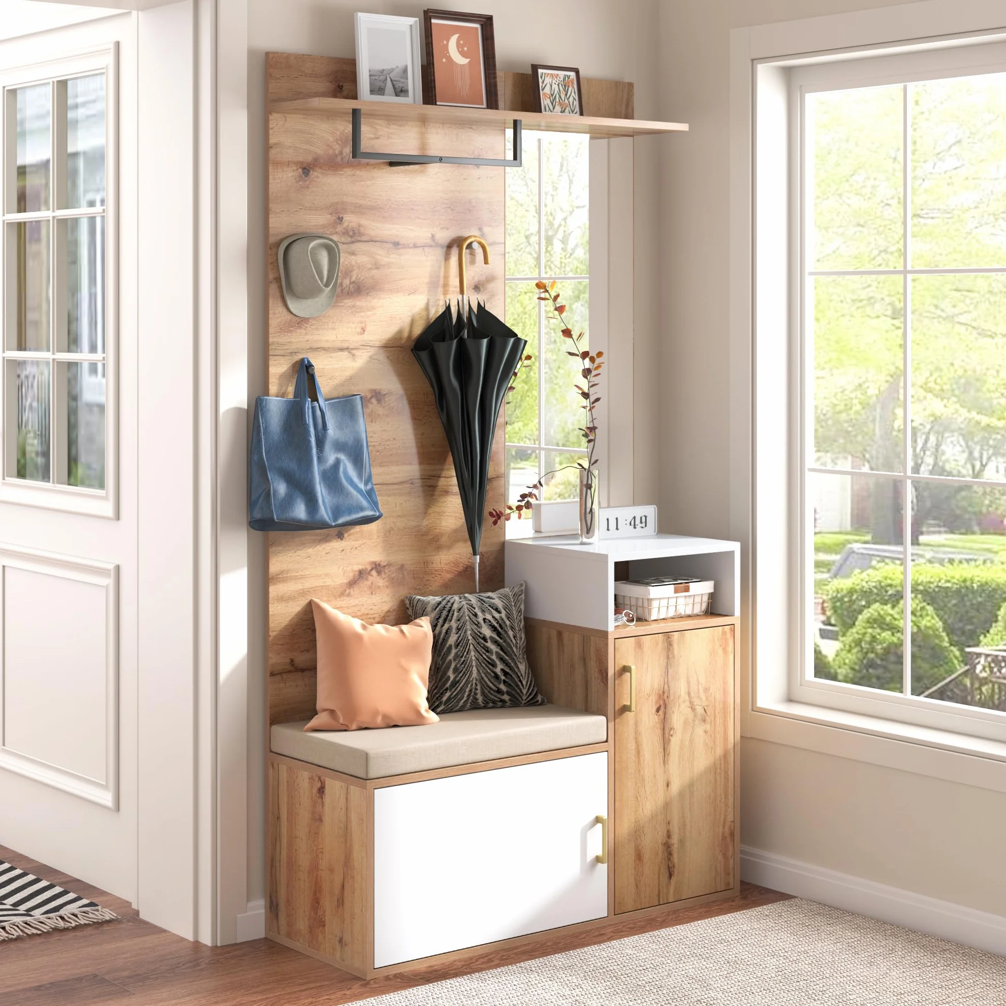 LAKFEW Juego de Perchero con Espejo, Perchero Zapatero con 4 Ganchos y 2 Puertas, Conjunto de Percheros Mueble Recibidor Entrada con Estante de Almacenamiento, 105x40x190.5 cm, Color Madera+Blanco