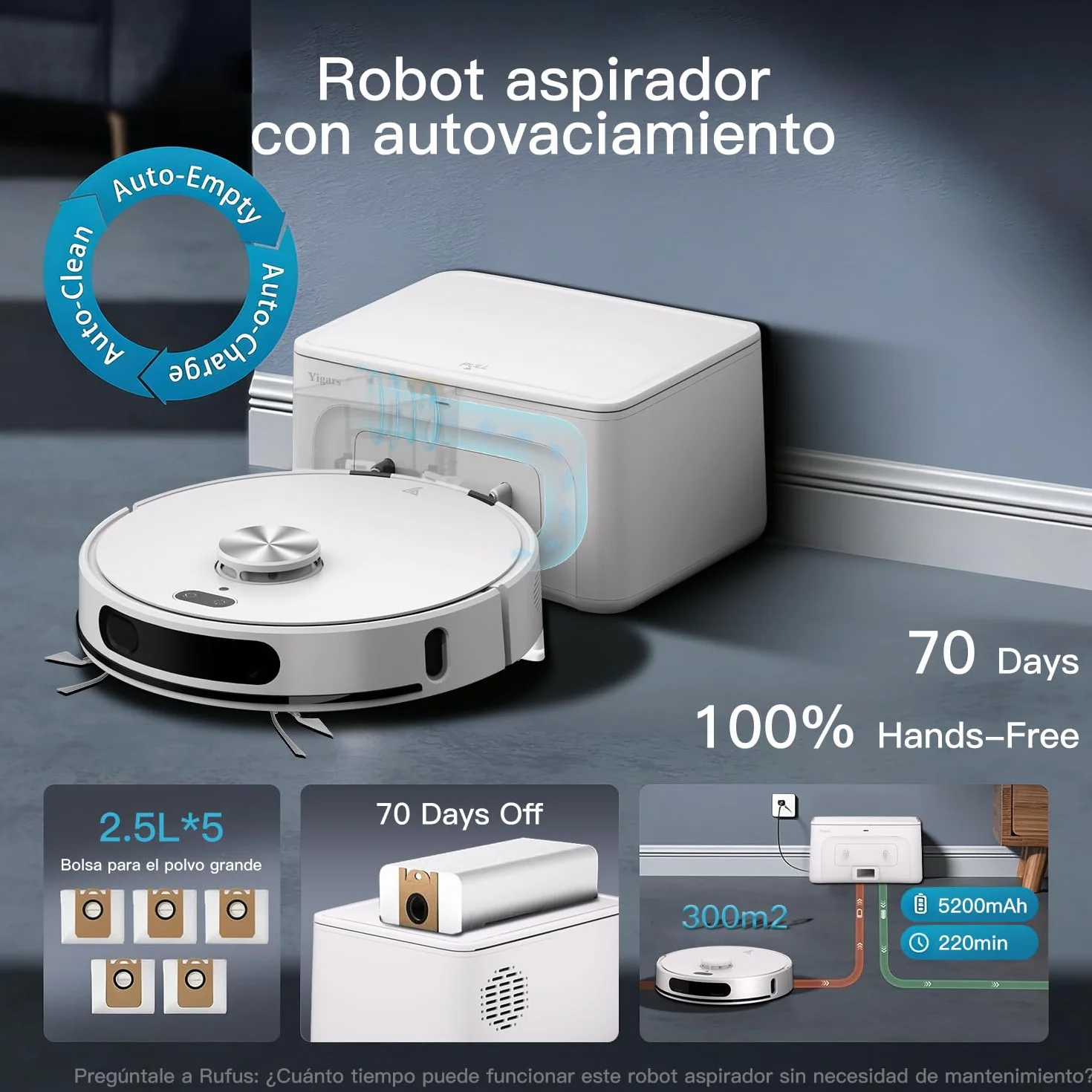Robot Aspirador y fregasuelos hasta 8000Pa Navegación LiDAR y Mapeo | Potente succión Autovaciado Autonomía de 220 Minutos, Anticolisión, Limpieza Personalizada Control por Voz y App-Blanco