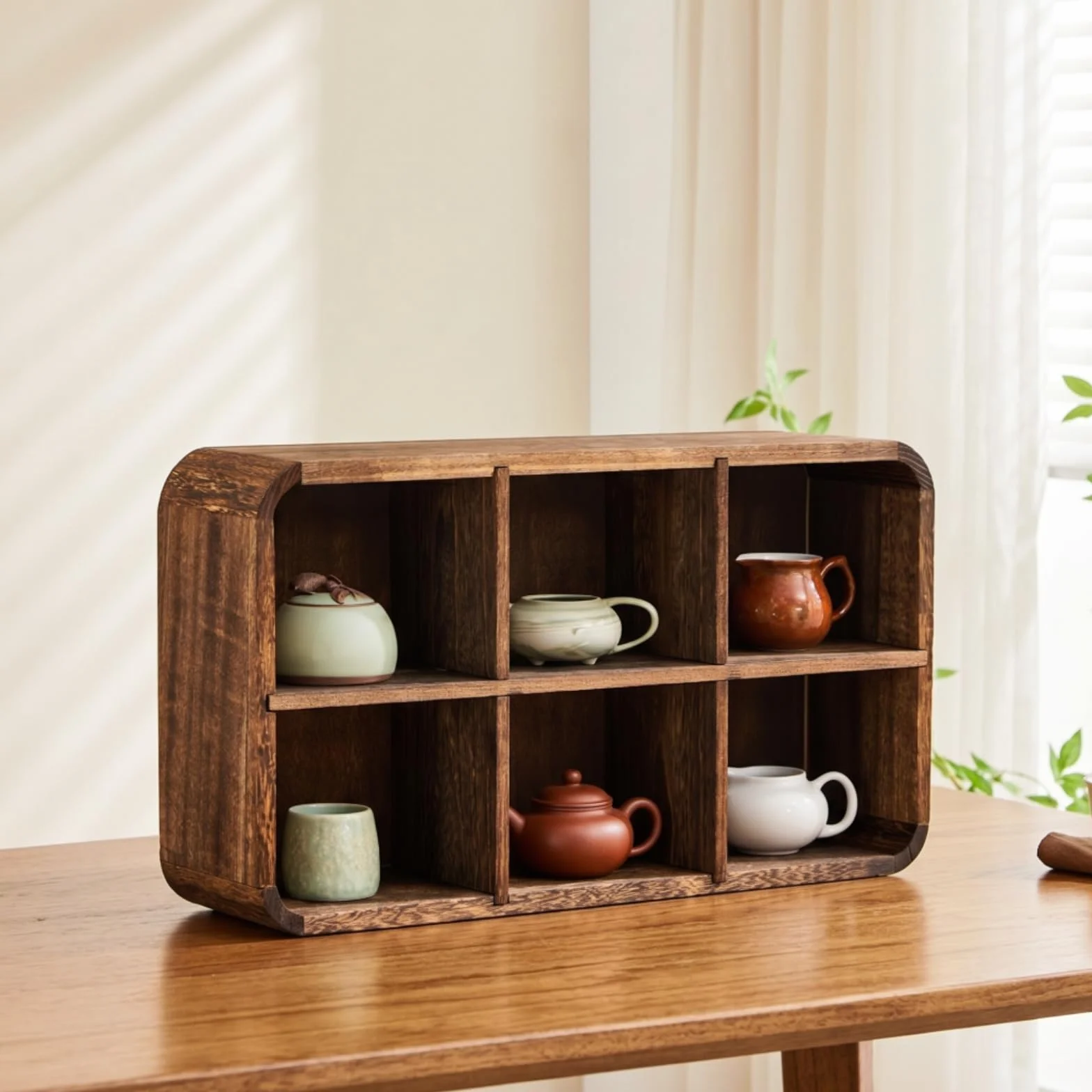 Organizador Tazas con Compartimentos Rústico Estan Multiusos para Aficionados Al Té, 8 Compartimentos con Panel Trasero