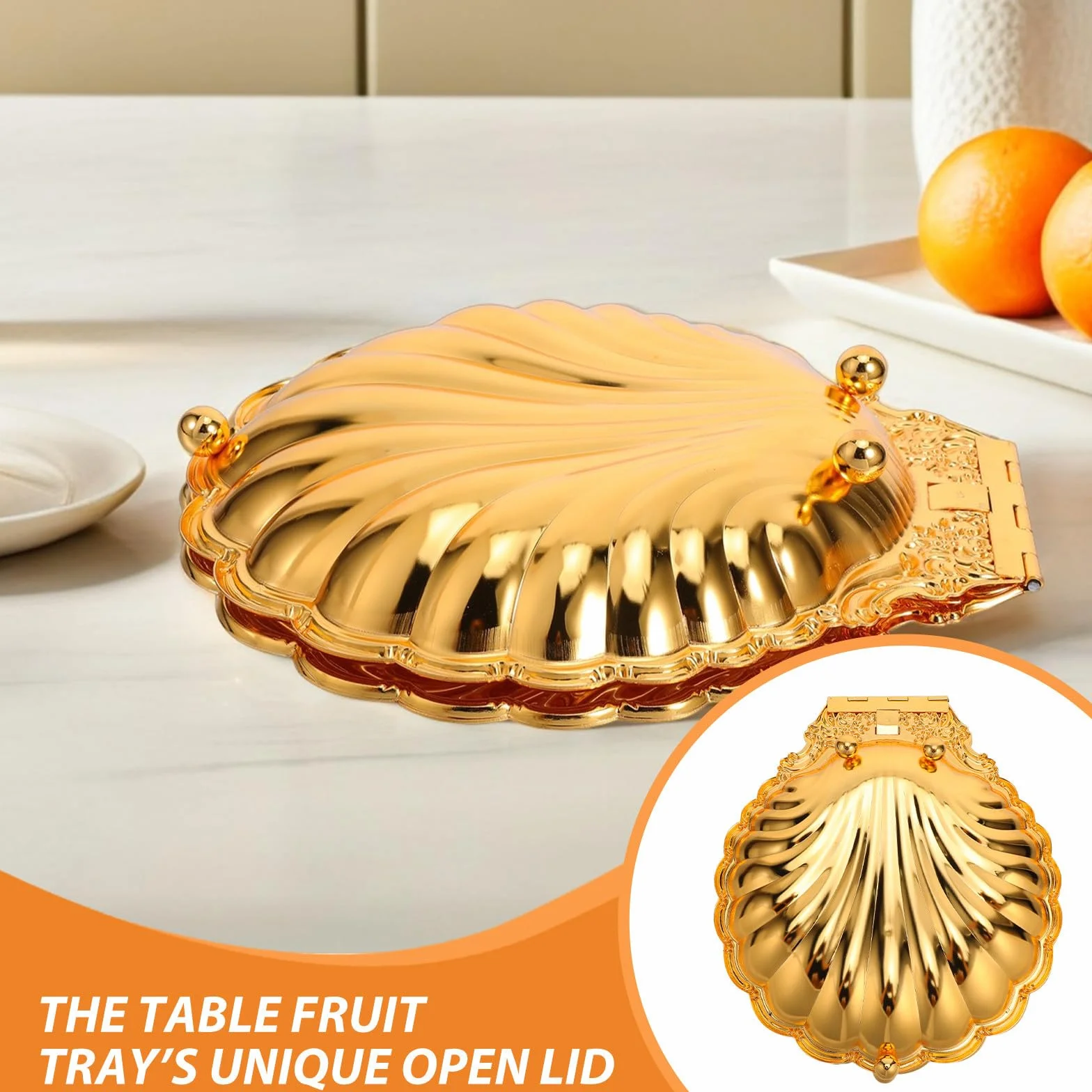 Bandeja de Concha de Metal Dorado de Aleación de Zinc, 35x31x9, 5 Cm | Diseño Abierto y Reutilizable, Estilo Vintage Clásico Artístico Ornamental Elegante, para Mesa de Frutas