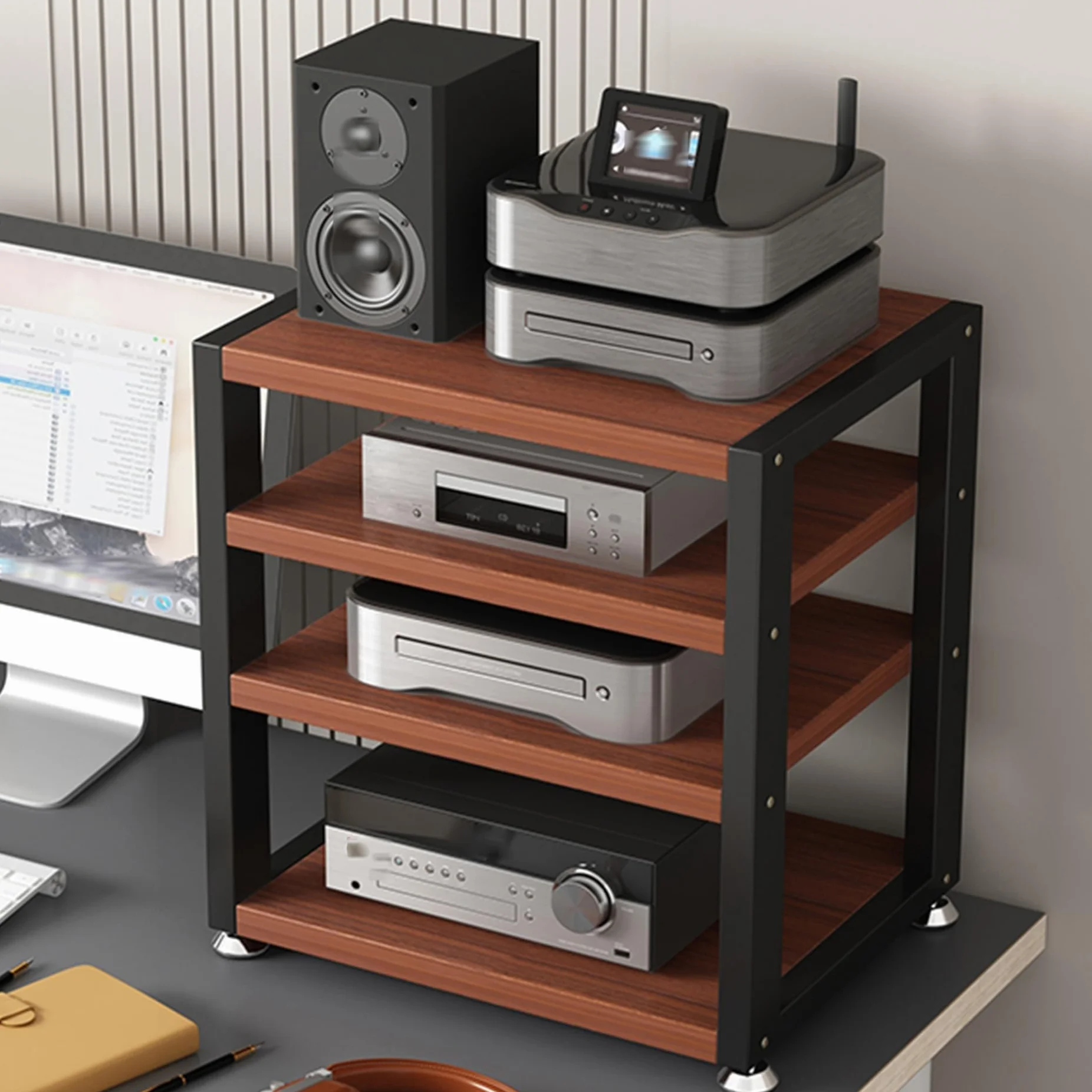 Mueble Equipo Hifi,Soporte Altavoz de 3/4 Niveles,Mueble Tocadiscos,Soporte Multimedia de Madera y Metal,Estante de Audio,Mueble de TV,Estantes y Soportes de alta Fidelidad,para Hogar Familia(Black+Te