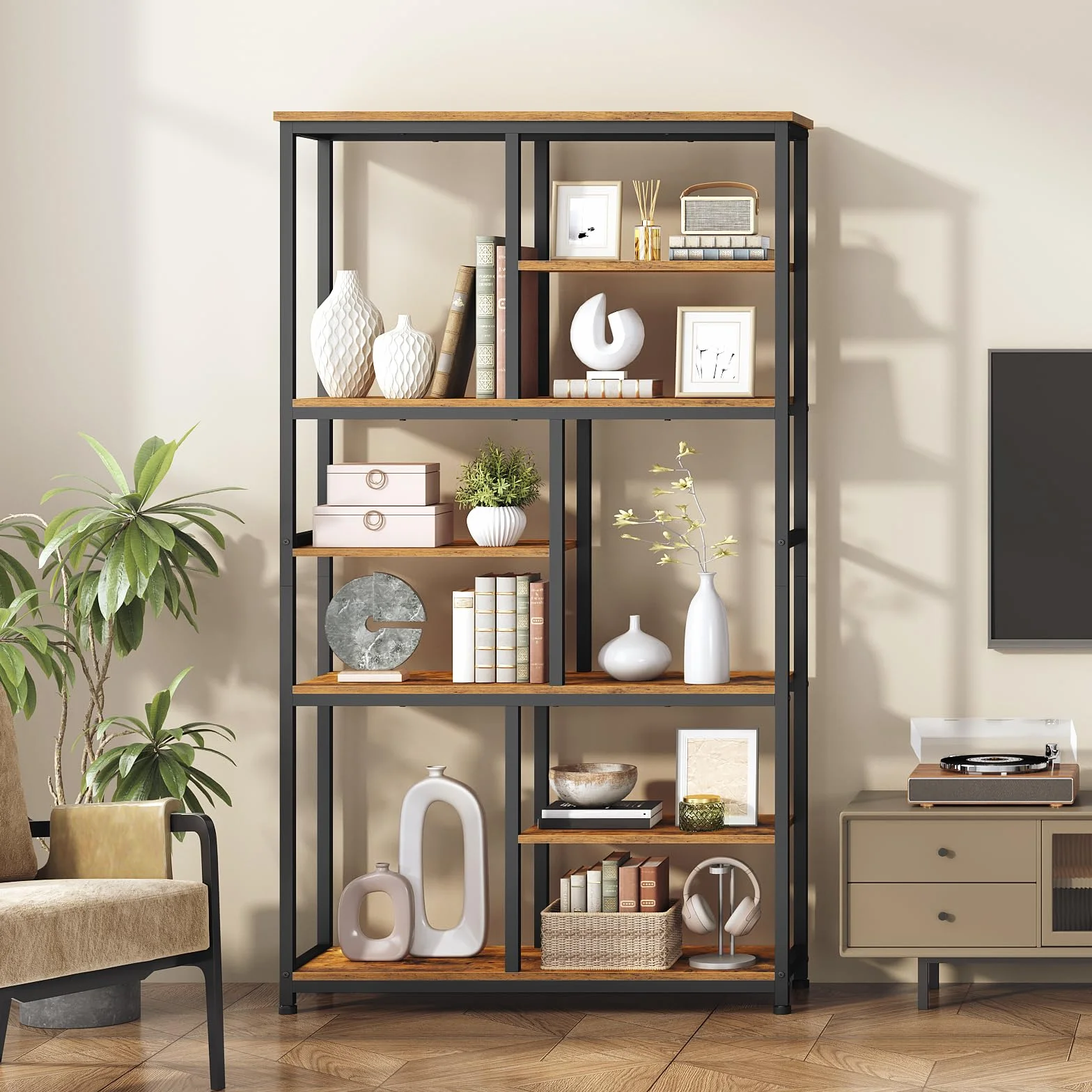 HOOBRO Librería de 7 Niveles, Estantería Abierta con 4 Patas Ajustables, Librería de Aglomerado y Estructura Metálica, para Salón y Despacho, 100 x 28 x 180 cm, Marrón Vintage y Negro EBF06SJ01