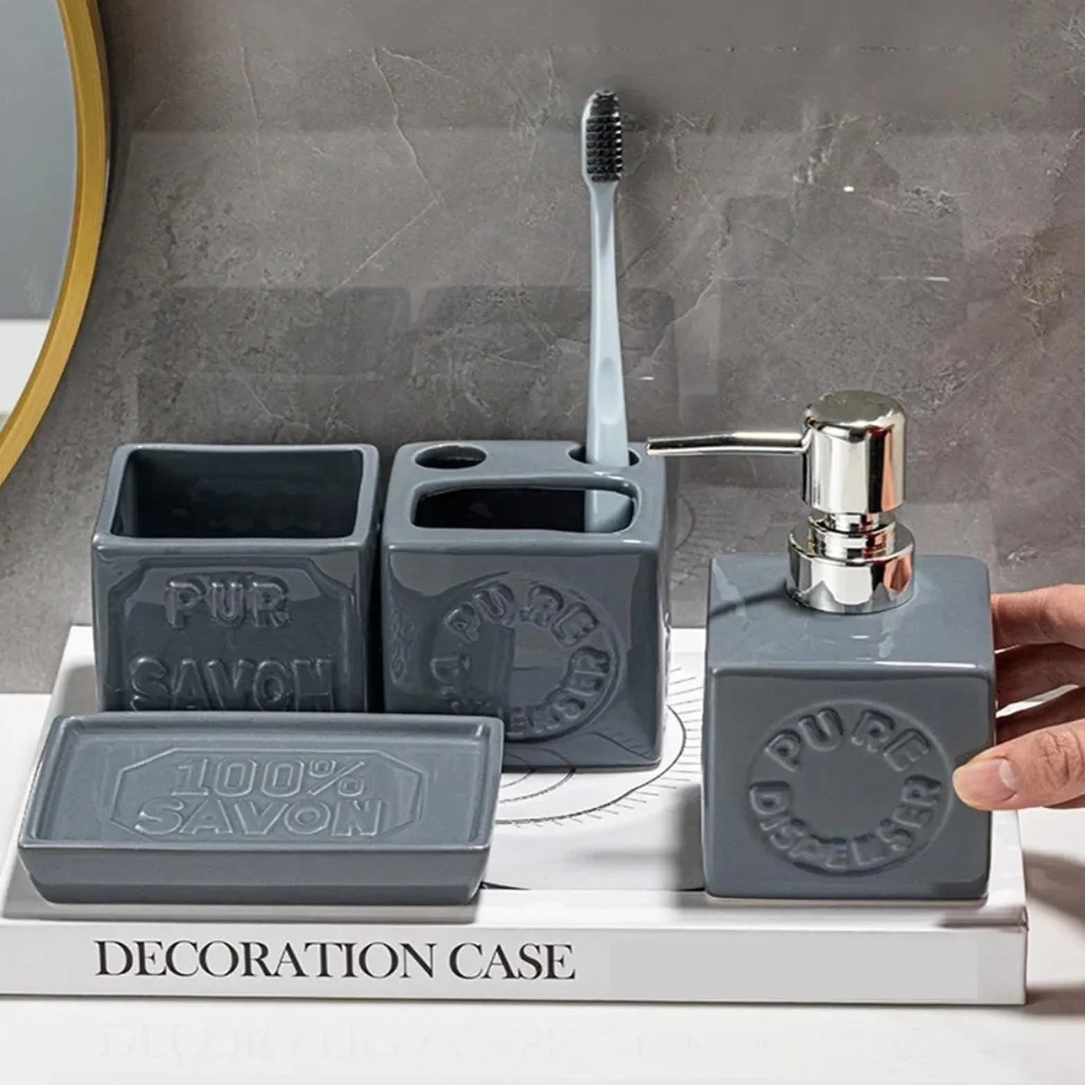 Dispensador de Jabon Juego de Accesorios baño 4 Uds., Juegos completos, dispensador jabón, Soporte for Cepillo Dientes, Taza y Plato for Lavar el ratón(Green)