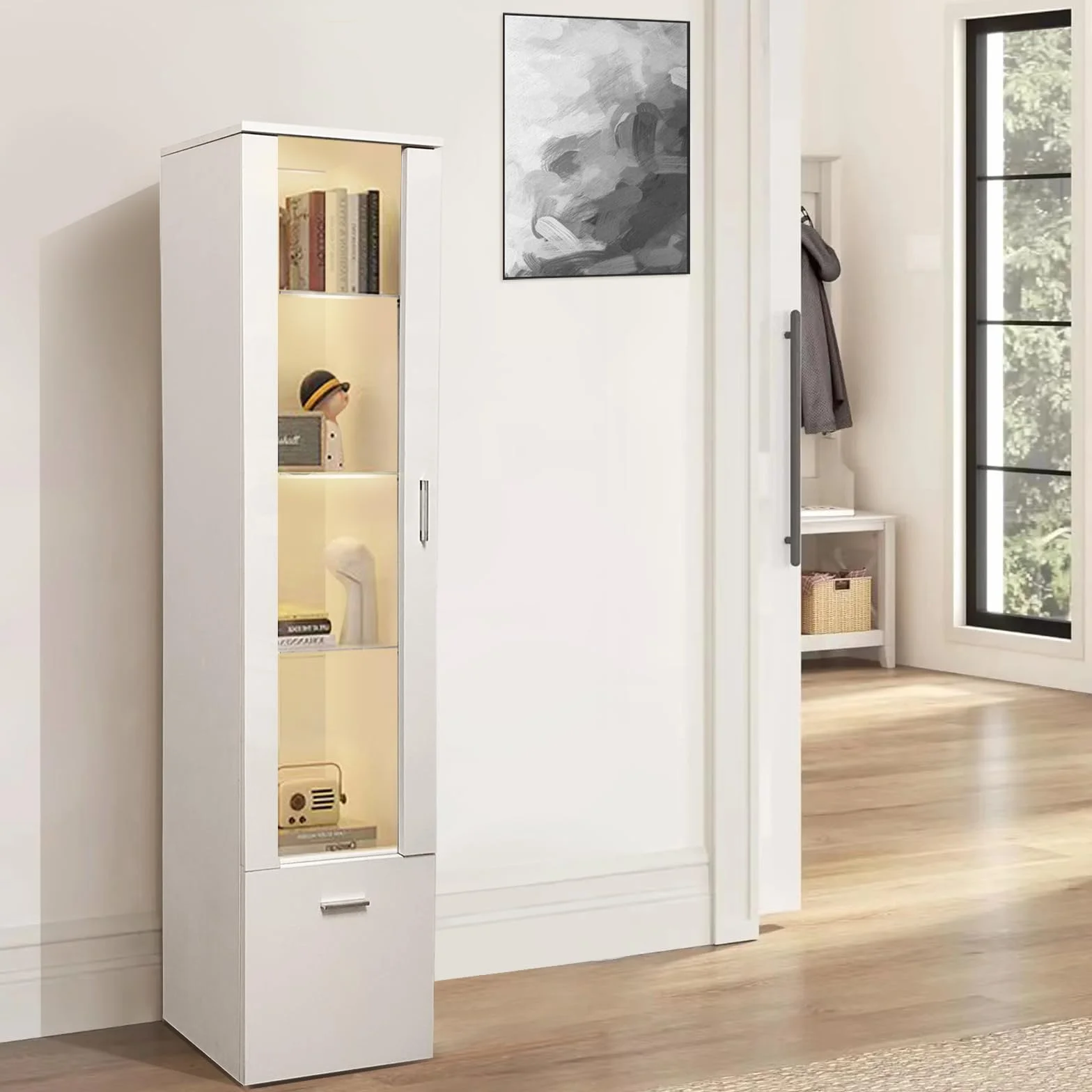Vitrina LED con Puerta Y Estantes de Cristal, Luces para Armario de Almacenamiento, para Salón De Oficina, 42 x 30 x 160 cm (1, Blanco)