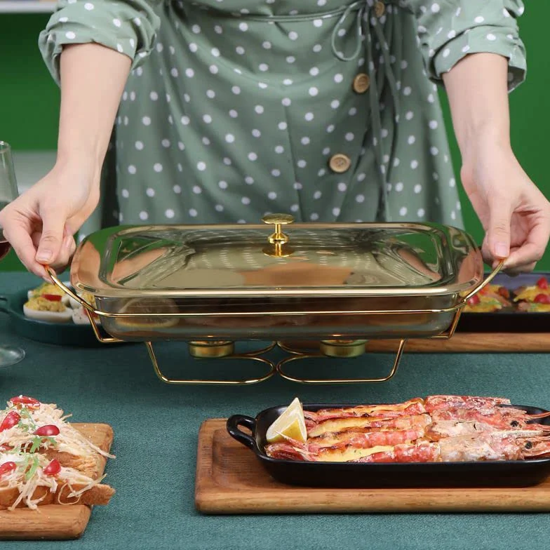 Juego de vajilla de cerámica para Buffet con Plato de Vidrio para Comida, Plato de Agua, Soporte para Combustible para Buffet/Boda/Fiesta/Banquete/Evento de Catering, Dorado (Dorado) (Dorado)