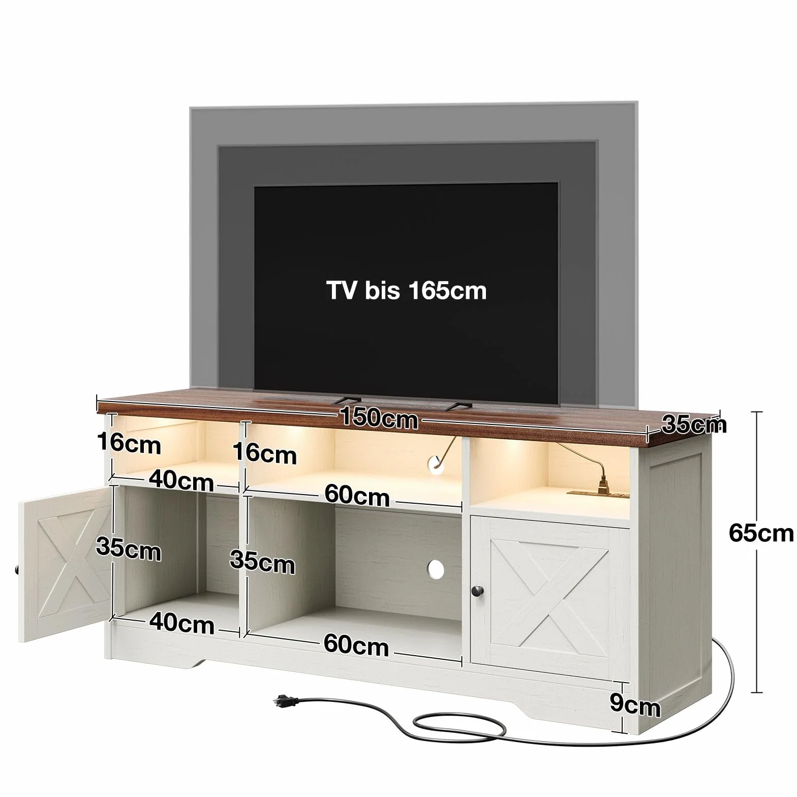 Coleshome Mueble TV Salon, Mesa TV con Enchufe y USB y LED, Muebles de Salon con 4 Compartimentos Abiertos y 2 Armarios, Apto para Salón y Dormitorio, 150 x 35 x 65 cm, Blanco y Nogal