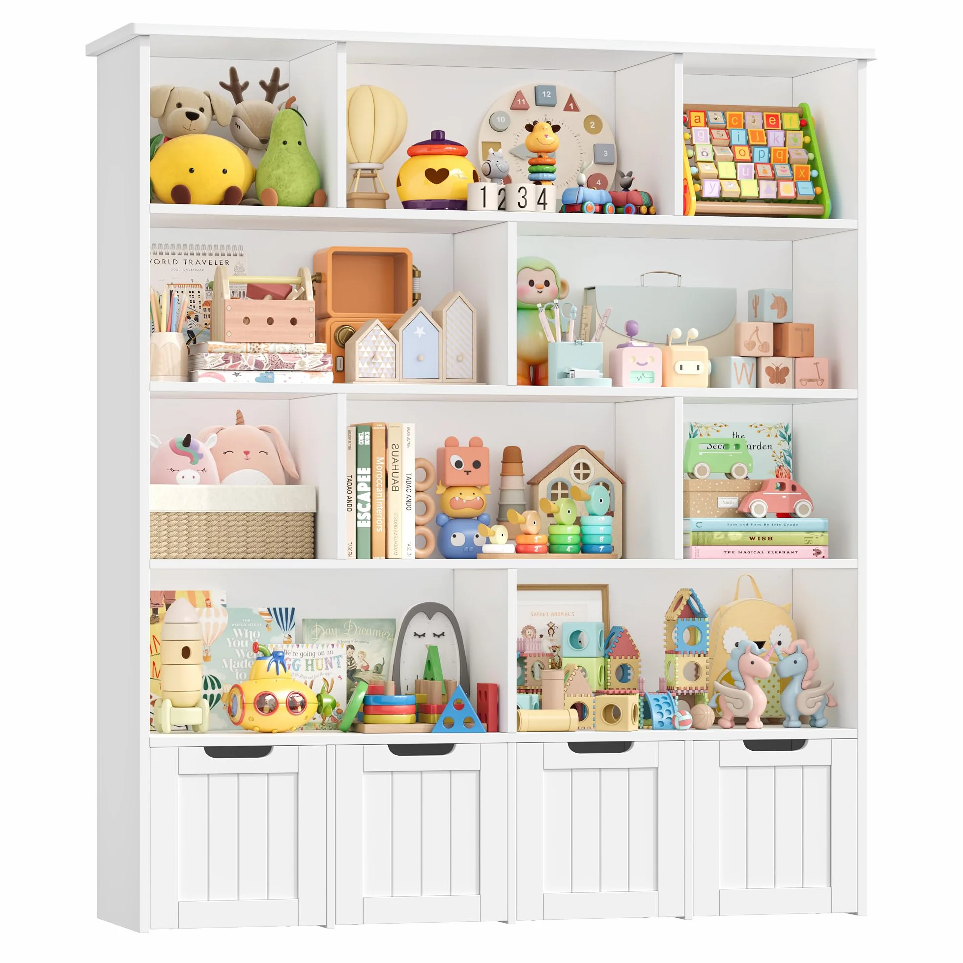 FOREHILL Mueble Organizador Juguetes, Mueble Almacenaje Juguetes, Estanteria Montessori, Organizador de Juguetes Infantil, 4 Cajones con Ruedas, 10 Compartimentos, Blanco 125.5x33x146 cm