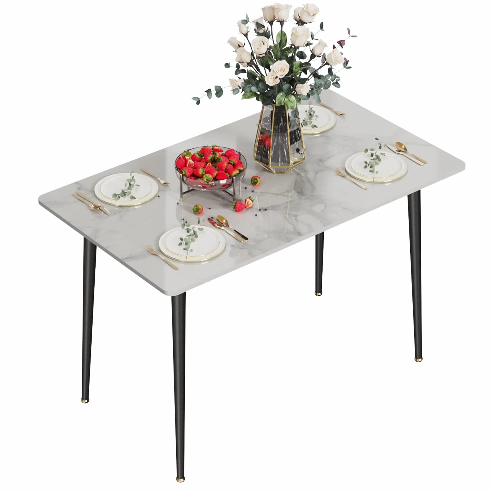 FATIVO Mesa Comedor Mármol Blanca de Cocina: Mesa de Jantar Rectangular Estilo Nórdico Moderno de Piedra Sinterizada con Patas de Metal para 4-6 Personas 120 x 70 x76 cm