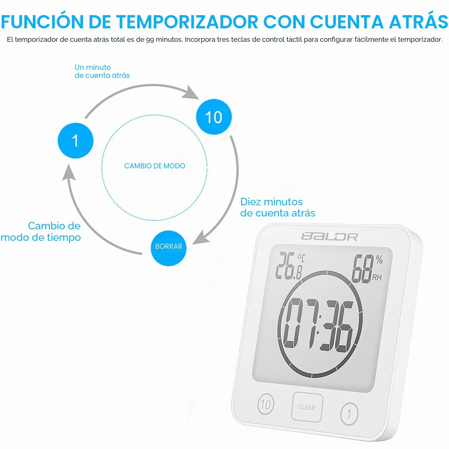ZONJIE Reloj de baño impermeable digital con temporizador, ventosa, indicador temperatura humedad, táctil (blanco)