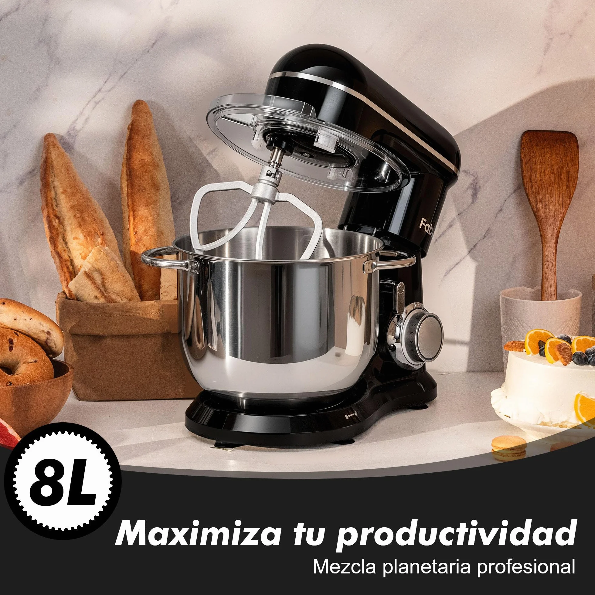 Fab Batidora Amasadora Profesional 8L 2000W, Amasadora de Pan y Repostería, Robot de Cocina Alta Capacidad con 10 Velocidades, Incluye 3 Accesorios, para Uso Intensivo en Hogares,Kitchen in the box