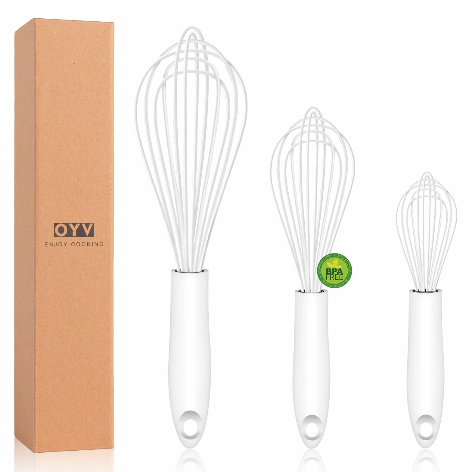 OYV Batidor de silicona blanca, diseño sellado impermeable, juego de 3, batidores de cocina profesionales para cocinar sin arañazos, batidor de silicona y acero inoxidable, resistente al calor 248.9 °