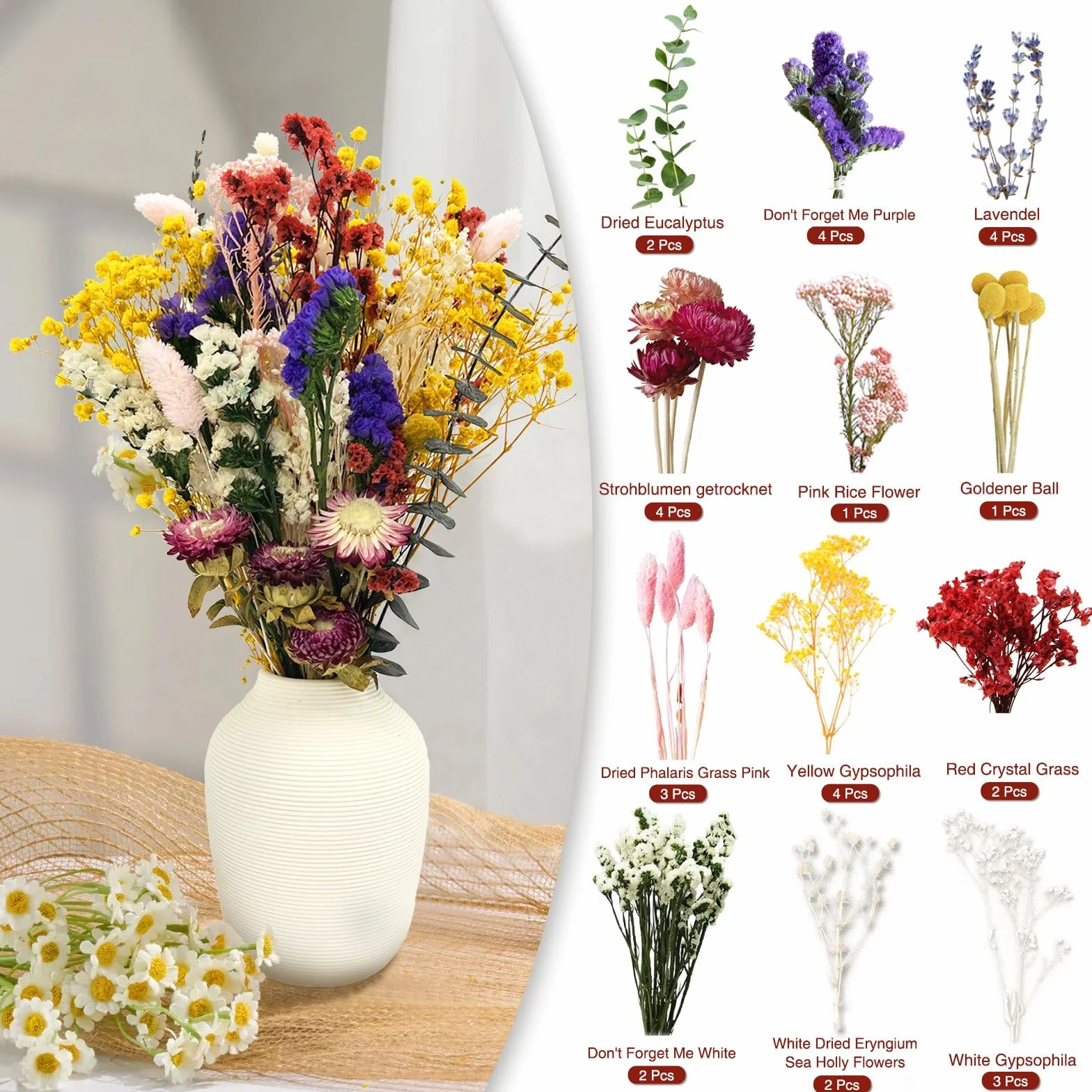 Flores Secas Naturales y Preservadas Conjunto 32 Pcs para Decoracion Ramos DIY Arreglos Florales Boda Hogar