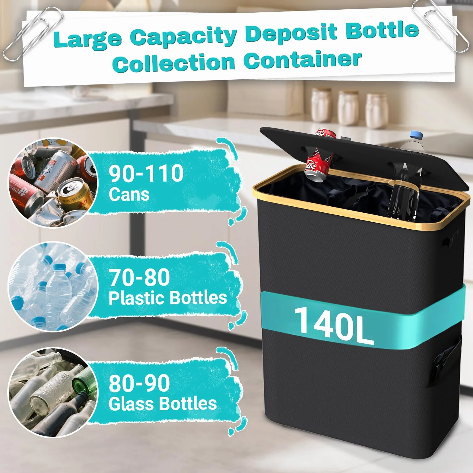 140l Xl Contenedores De Reciclaje Cubos Reciclaje Con 2 Bolsas De Transporte Recolector De Botellas Reutilizable Basura Reciclaje Colector De Botellas Cestos Para La Colada Plegables Cesto Ropa Sucia