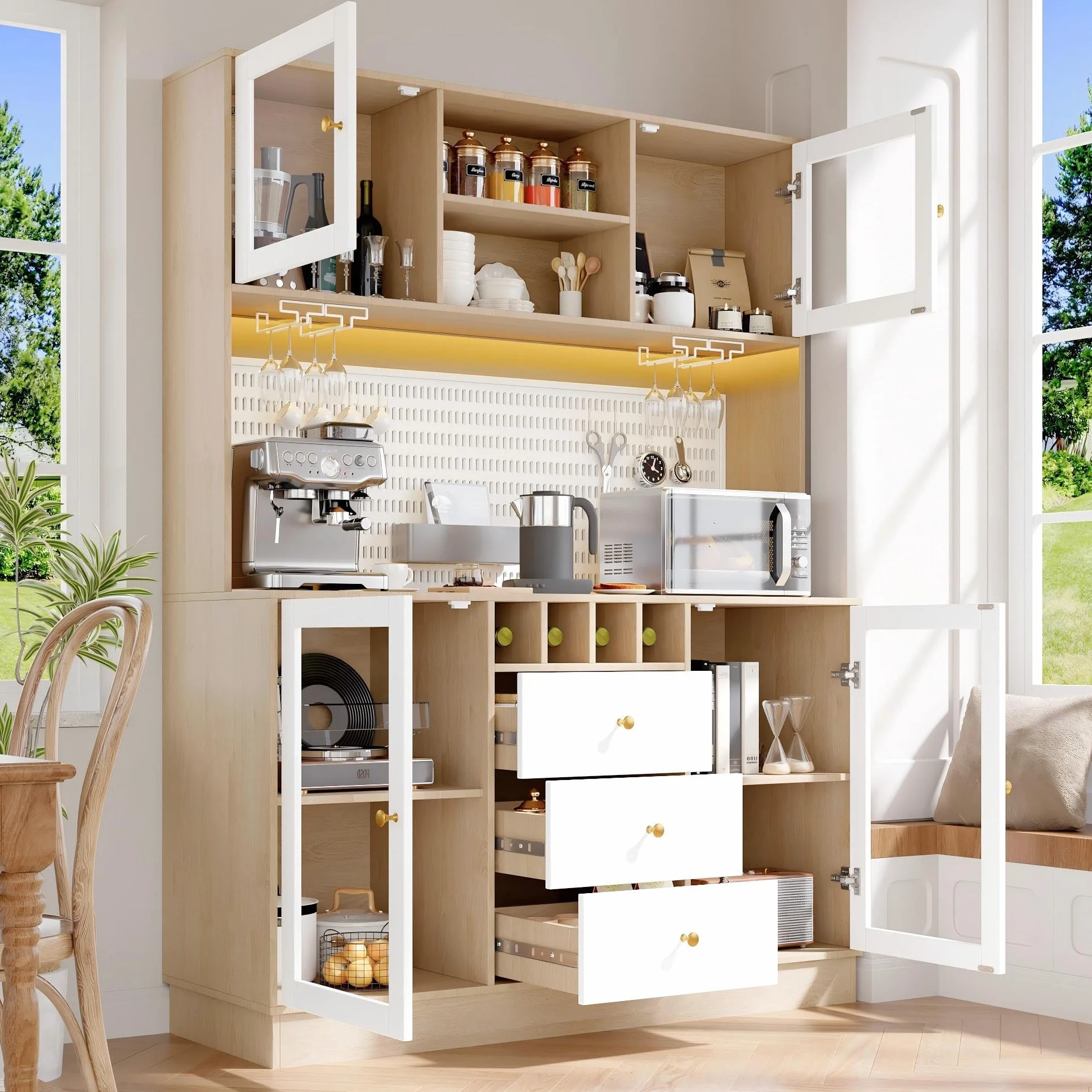 Alacena de Cocina Aparador Alto Moderno con LED y Placa Perforada, Armario Cocina con Botellero, Mueble Auxiliar Aparadores, 3 Cajones y 4 Puertas, Dispositivo Antivuelco, 140x40x185.7 cm,Blanco