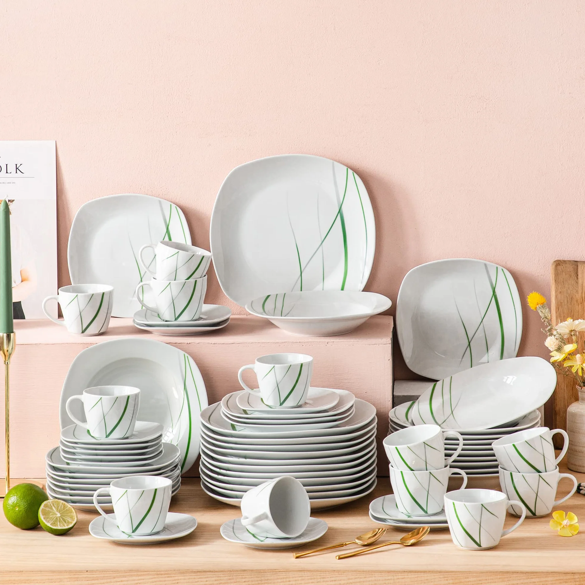 VEWEET AVIVA Juegos de Vajillas 60 Piezas de Porcelana con 12 Taza 200 ml, 12 Platillos, 12 Platos, 12 Platos de Postre y 12 Platos Hondos para 12 Personas