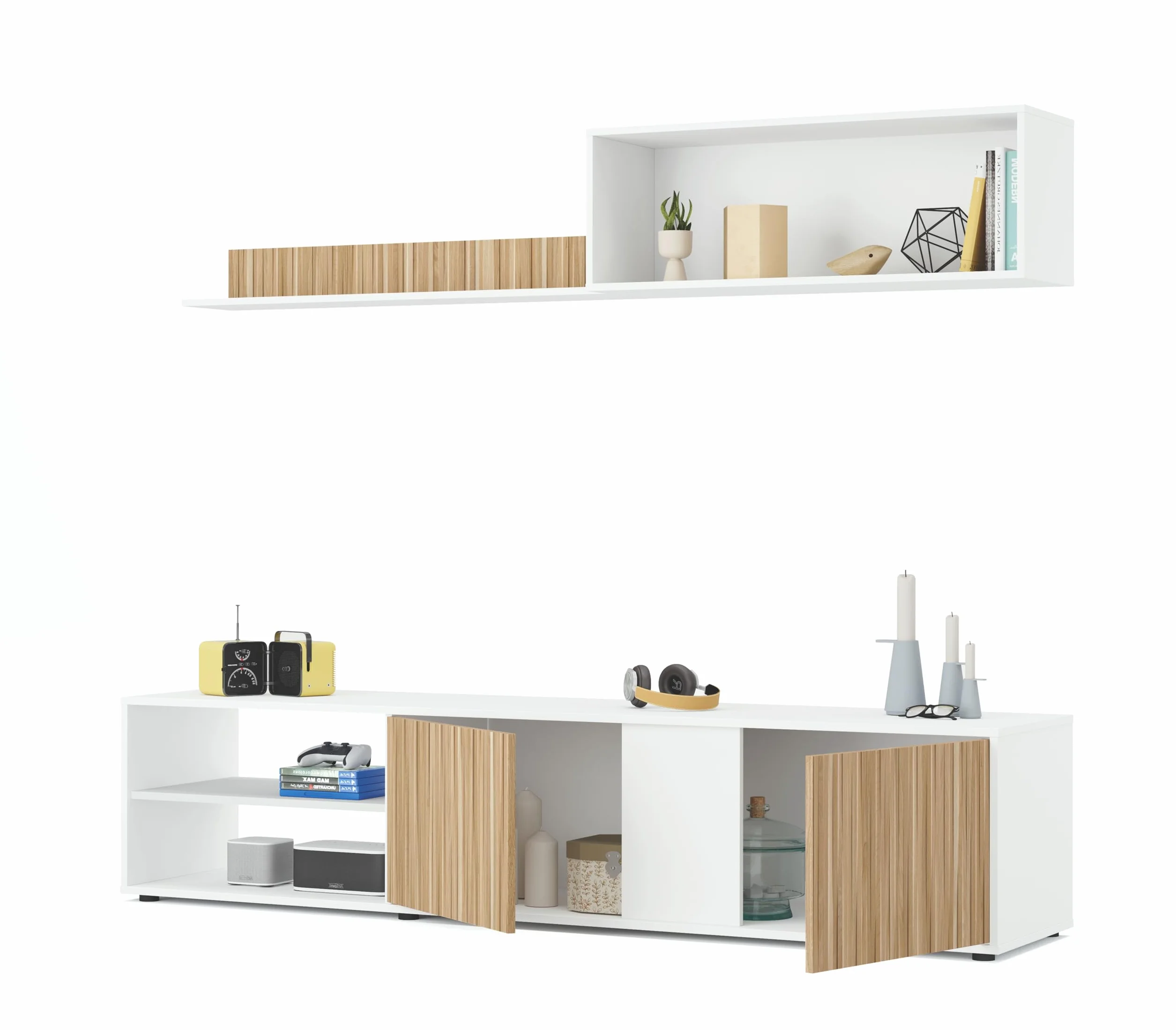 Mobelcenter, Mueble de Salón Ecco, Módulo TV, Módulo Superior y Estante, Color Blanco Artik y Natur, Medidas: Ancho: 180 cm x Fondo: 33 cm x Alto: 40 cm (1442)