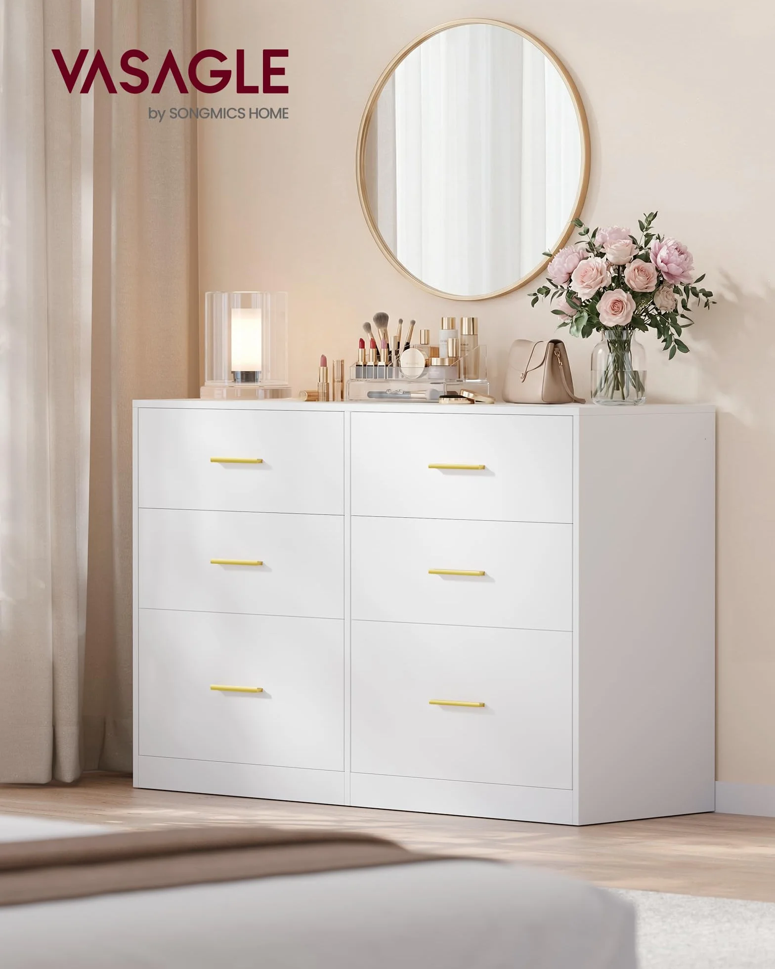 VASAGLE Custos Colección - Cómoda para Dormitorio, Mueble Almacenaje con Cajones, Soporte Moderno para TV de Salón, 6 Cajones, 40 x 119 x 78 cm, Blanco Nube LTS416WB01