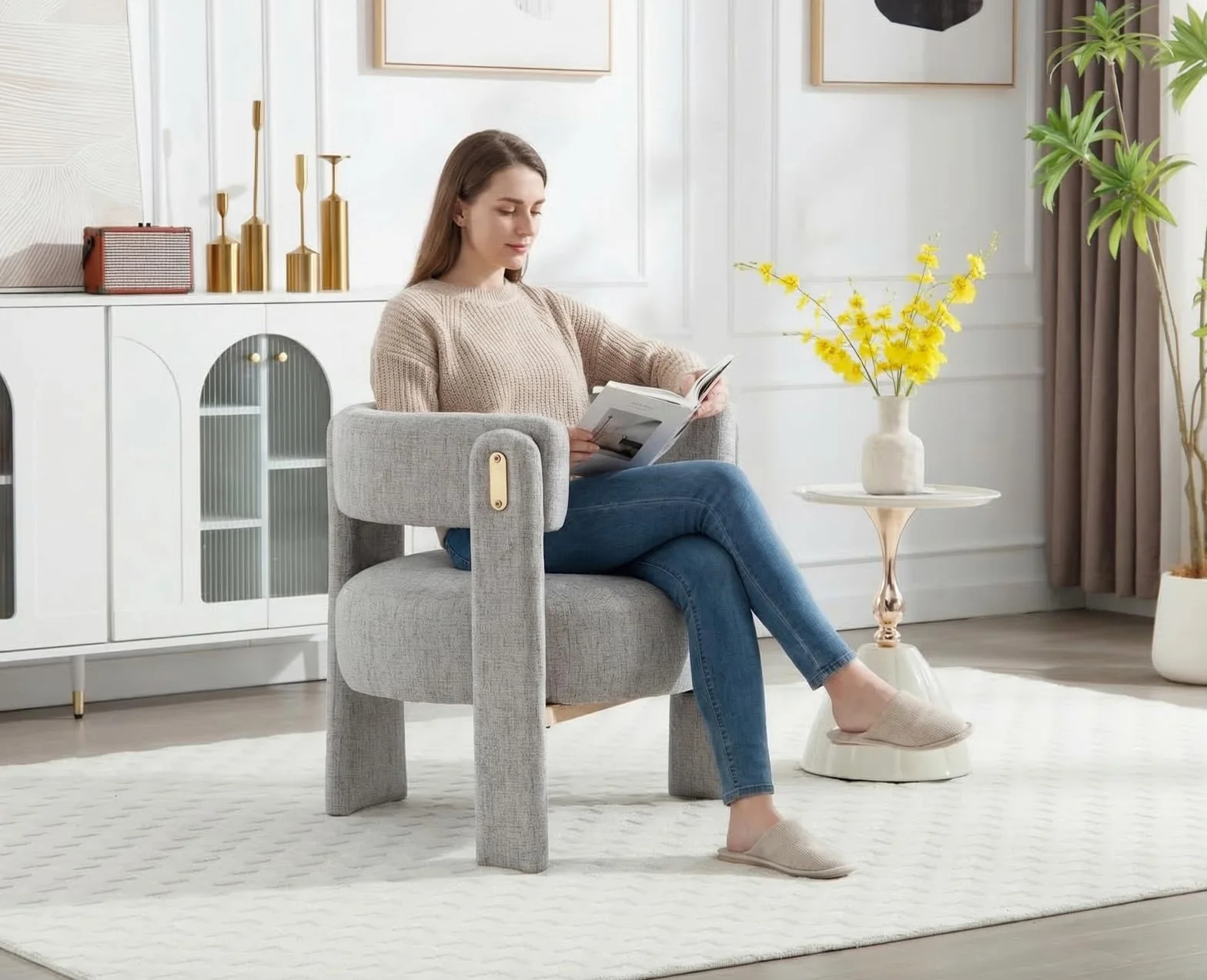 chairus Butaca Salón de Lino Sillón Dormitorio de Vestidor con Patas de Madera, Silla Lectura Habitación Moderna con Reposabrazos para Hogar/Sala de Estar, Gris