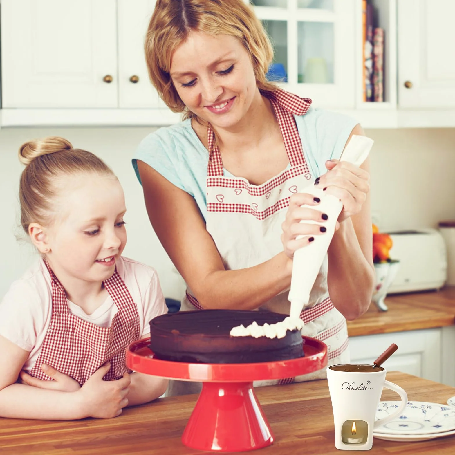 Juego de fondue de chocolate, taza de cerámica 130 ml, con portavelas y tenedores