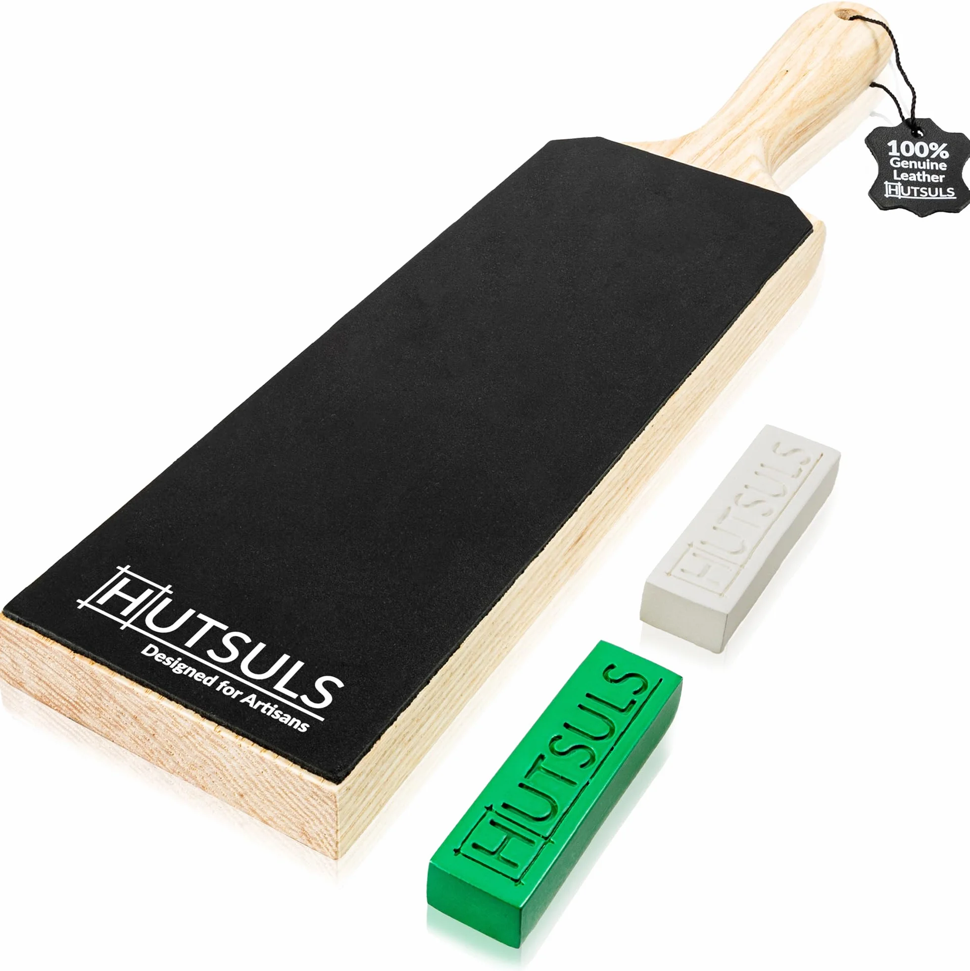Hutsuls Puntero de cuero para afilar cuchillos: obtén bordes afilados con bloque de doble cara de 3 x 9 pulgadas, fácil de usar con mango ergonómico y guía de afilador de cuchillos de cuero