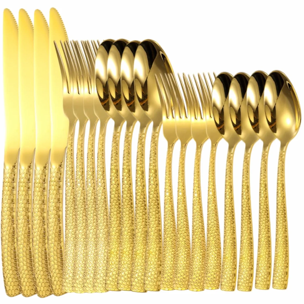 Cubiertos Acero Inoxidable 18/0 Martillado Dorado 4 Juegos | Cuchillo de mesa tenedor cuchara y cuchillo para carne con mango con diseño de serpiente