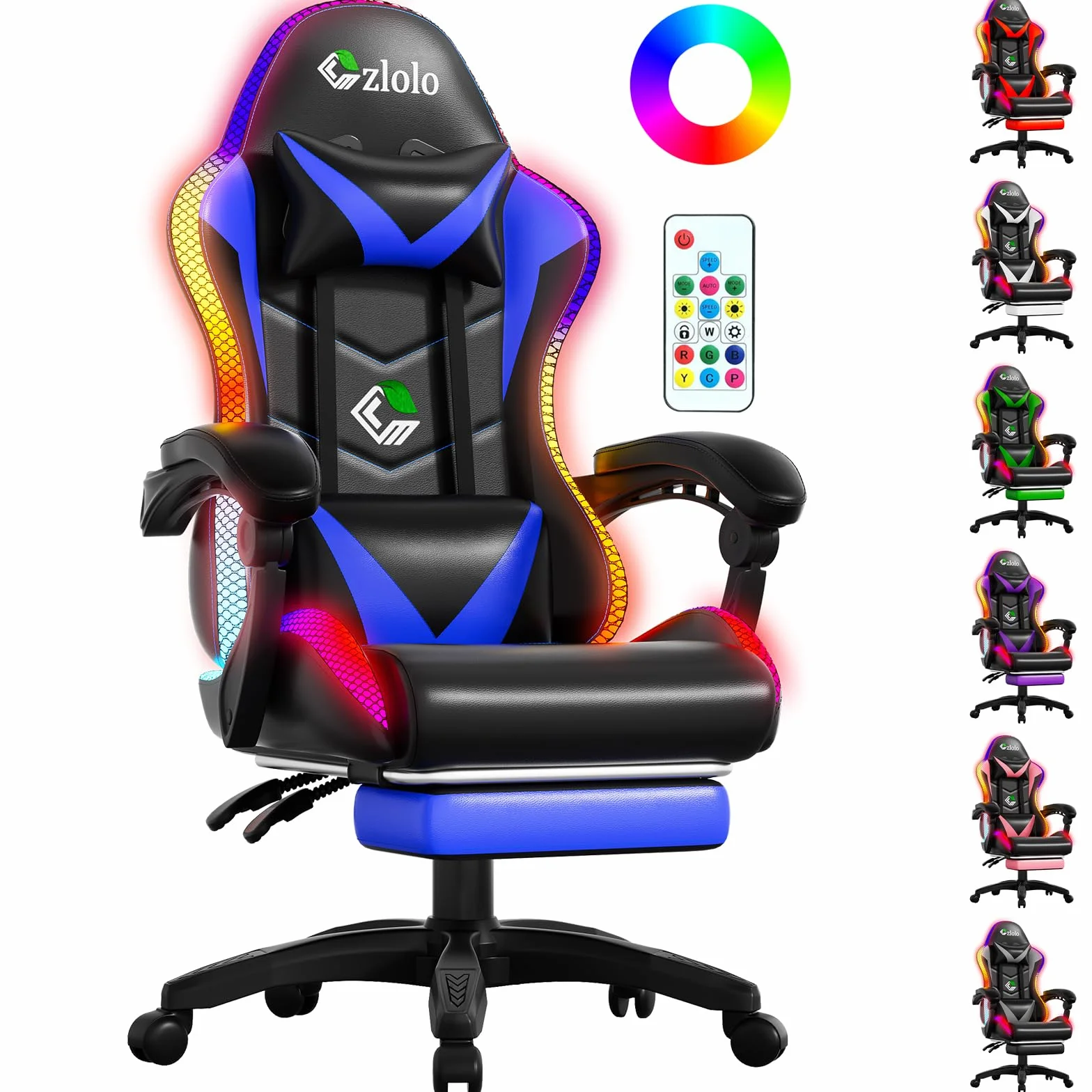 Czlolo Silla Gaming con Masajeador y LED, Silla de Estilo Racing Ergonómica Reclinable con Reposapiés y Cervical,Reposabrazos Acolchados, Ruedas 360°, para Adultos y niños,Azul