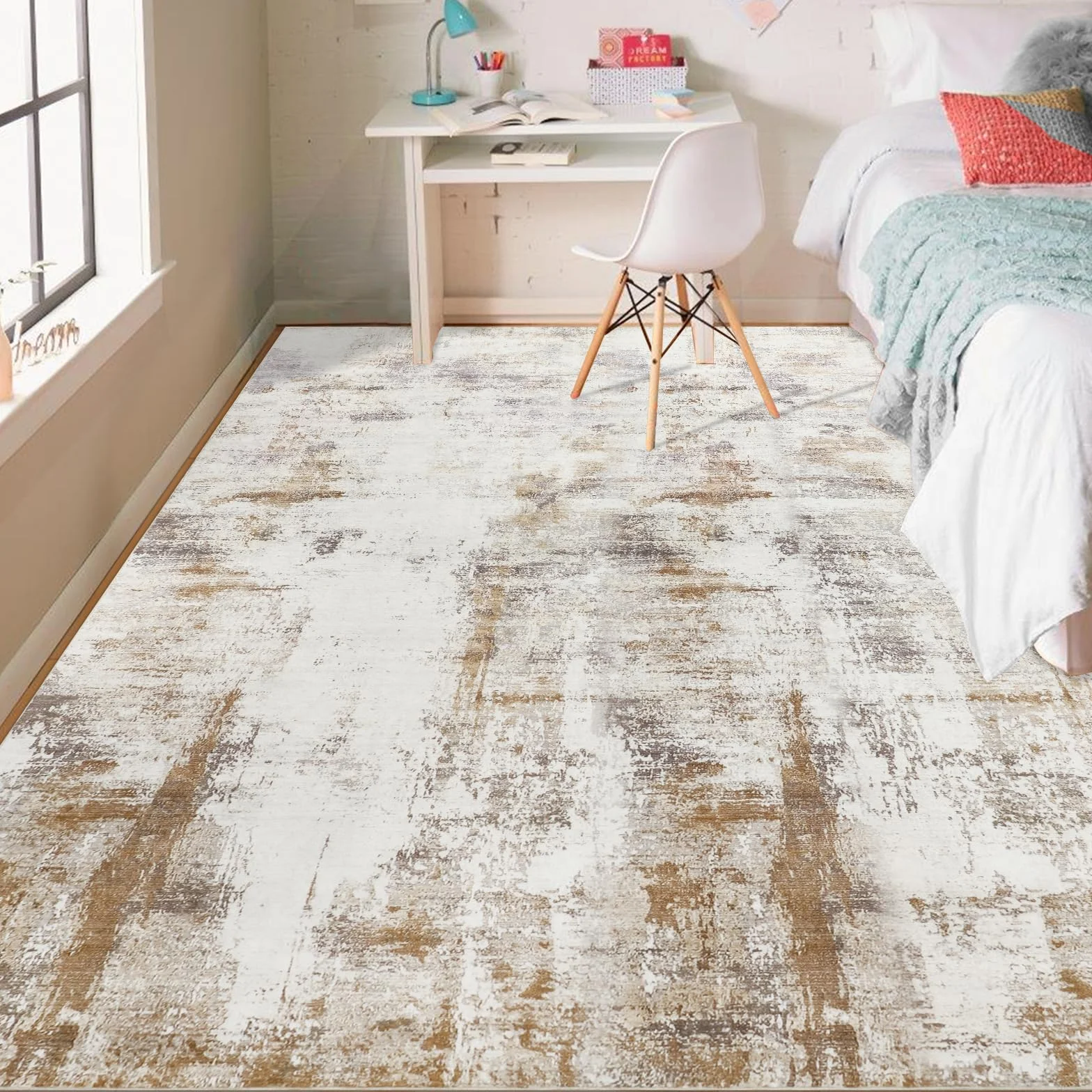 Famibay Alfombra Lavable 200x290cm Beige Marrón Antideslizante Salón Dormitorio Comedor