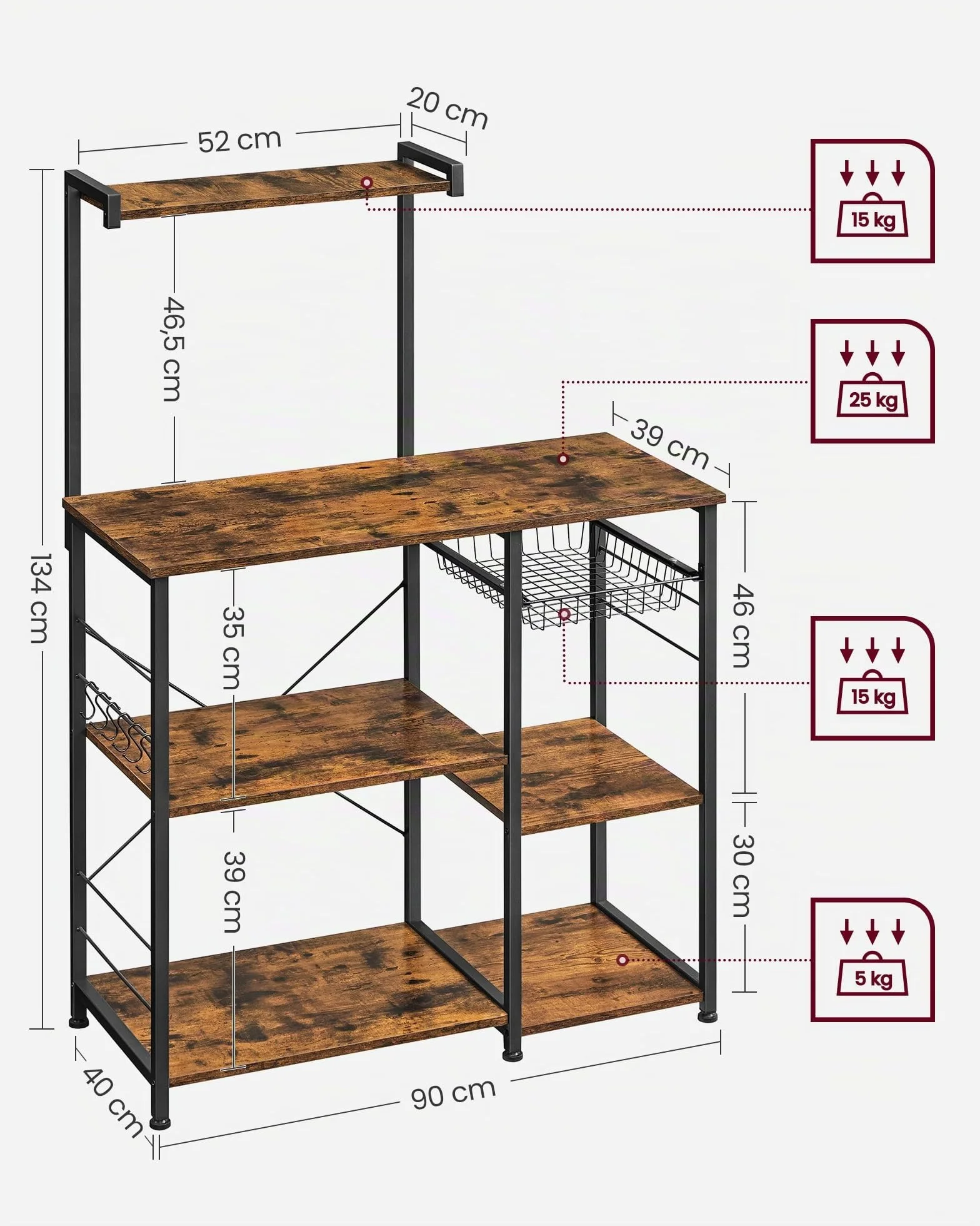 VASAGLE Estantería de Cocina, Soporte para Microondas, Cesta de Alambre, 6 Ganchos, para Especias, Ollas y Sartenes, 40 x 90 x 134 cm, Marrón Rústico, Negro KKS35X