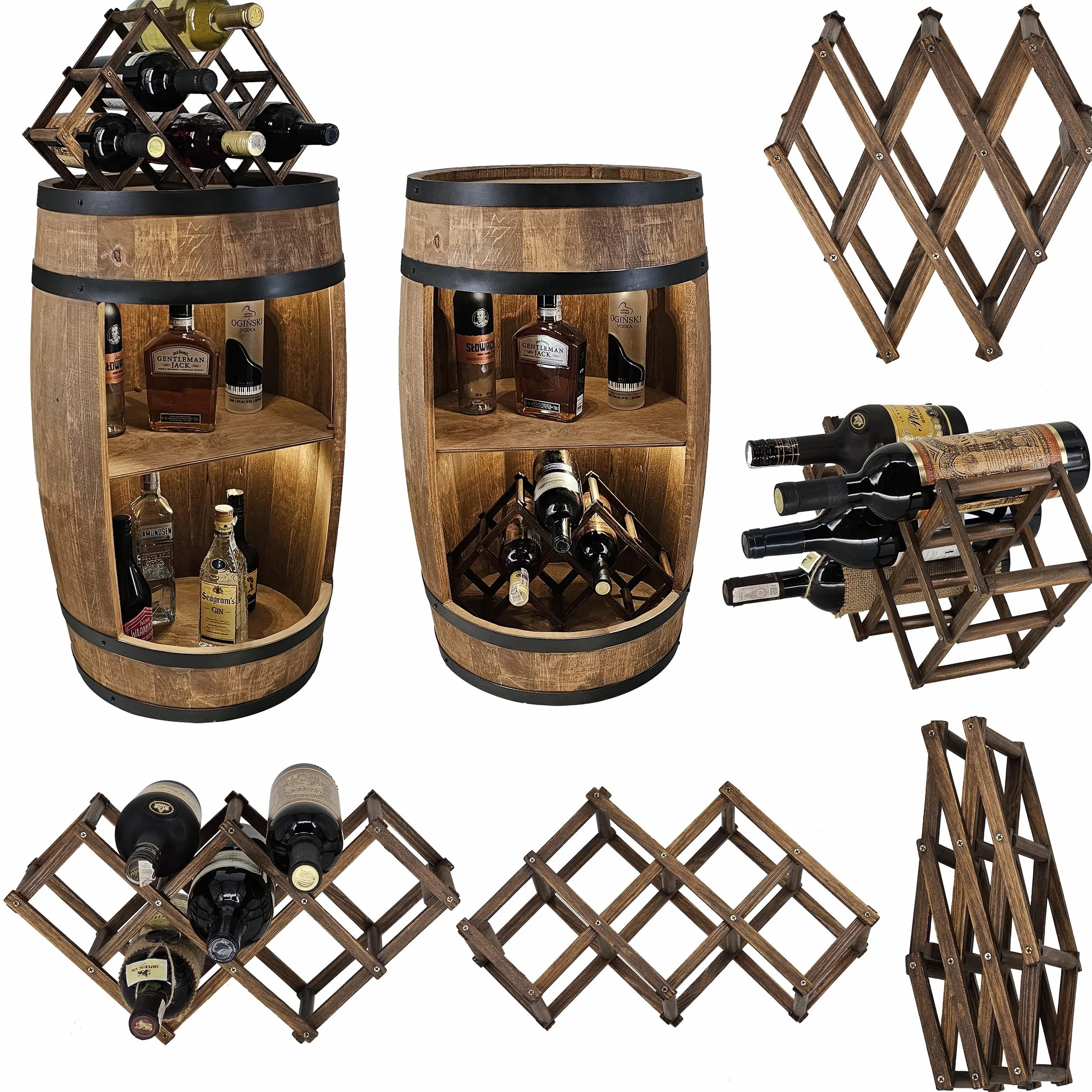 CREATIVE COOPER Barril de bar con soporte para vino – Botellero LED RGB – Barril de madera 80 x 50 cm – Decoración rústica – Armario para vino – Armario para vinos (marrón oscuro)