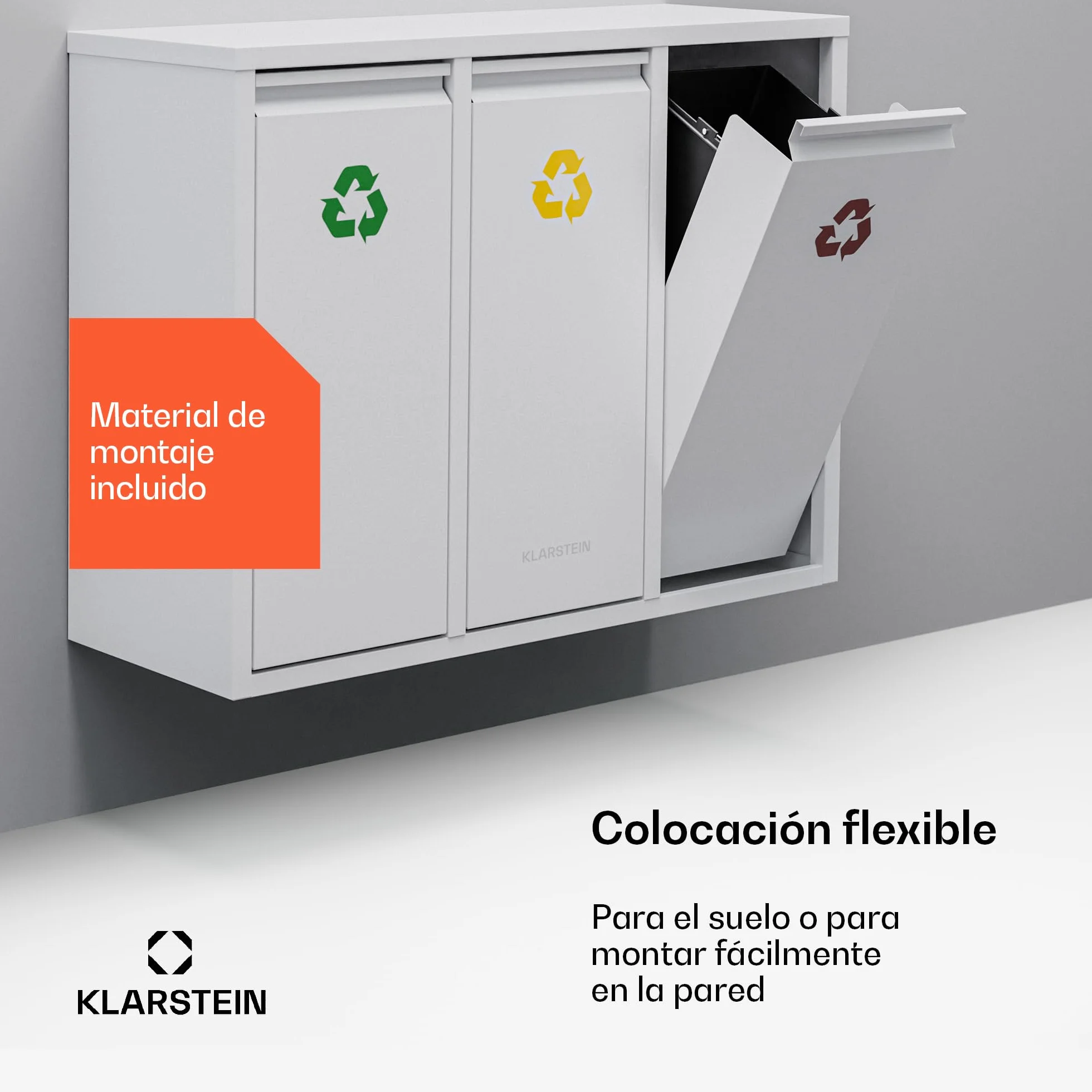 KLARSTEIN Ordnungshüter 3 Cubo de basura cocina - 45L separación de residuos, 3 cubos de 15L, acero inoxidable, extraíbles, papelera cocina