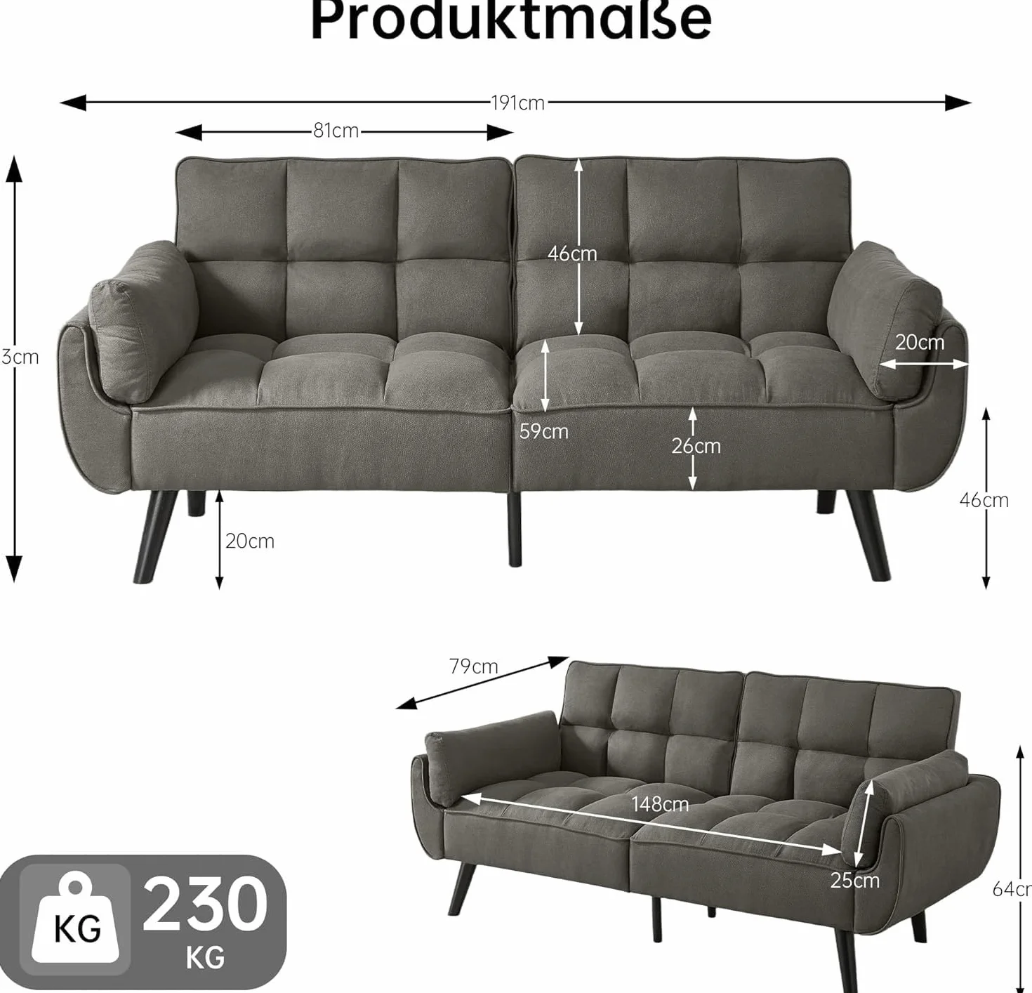 JIEXI sofá 3 plazas, Respaldo no Plegable, sofá de Lino, 191 x 83 cm, sofá Moderno con Patas de Madera Maciza, cómodo, Adecuado para salón y Dormitorio (Gris Oscuro)