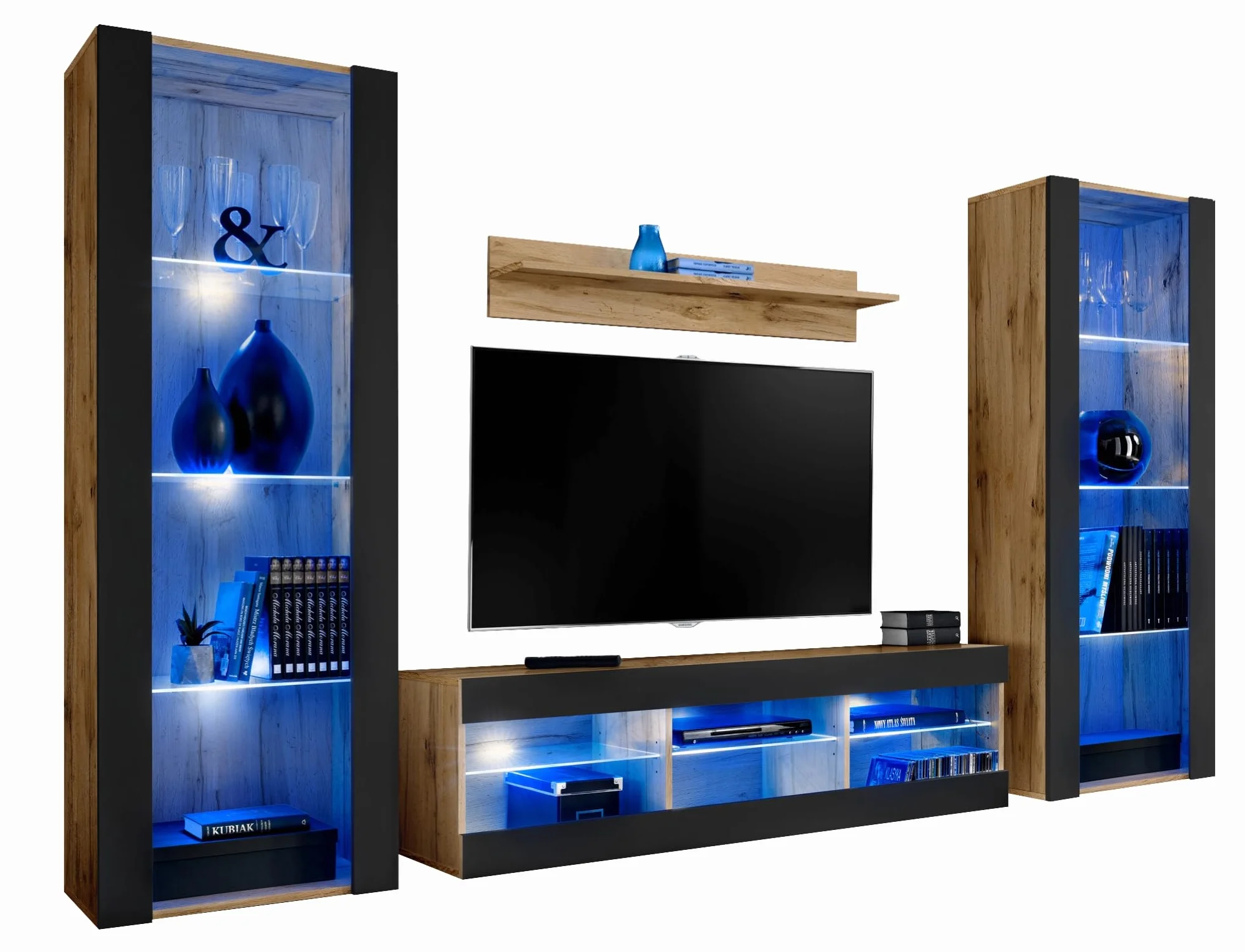 Komodee, Juego de Muebles Tivoli Grande, Negro Wotan, Ancho 290 cm x Alto 159 cm x Fondo 35 cm, LED Azul, para Sala, Dormitorio