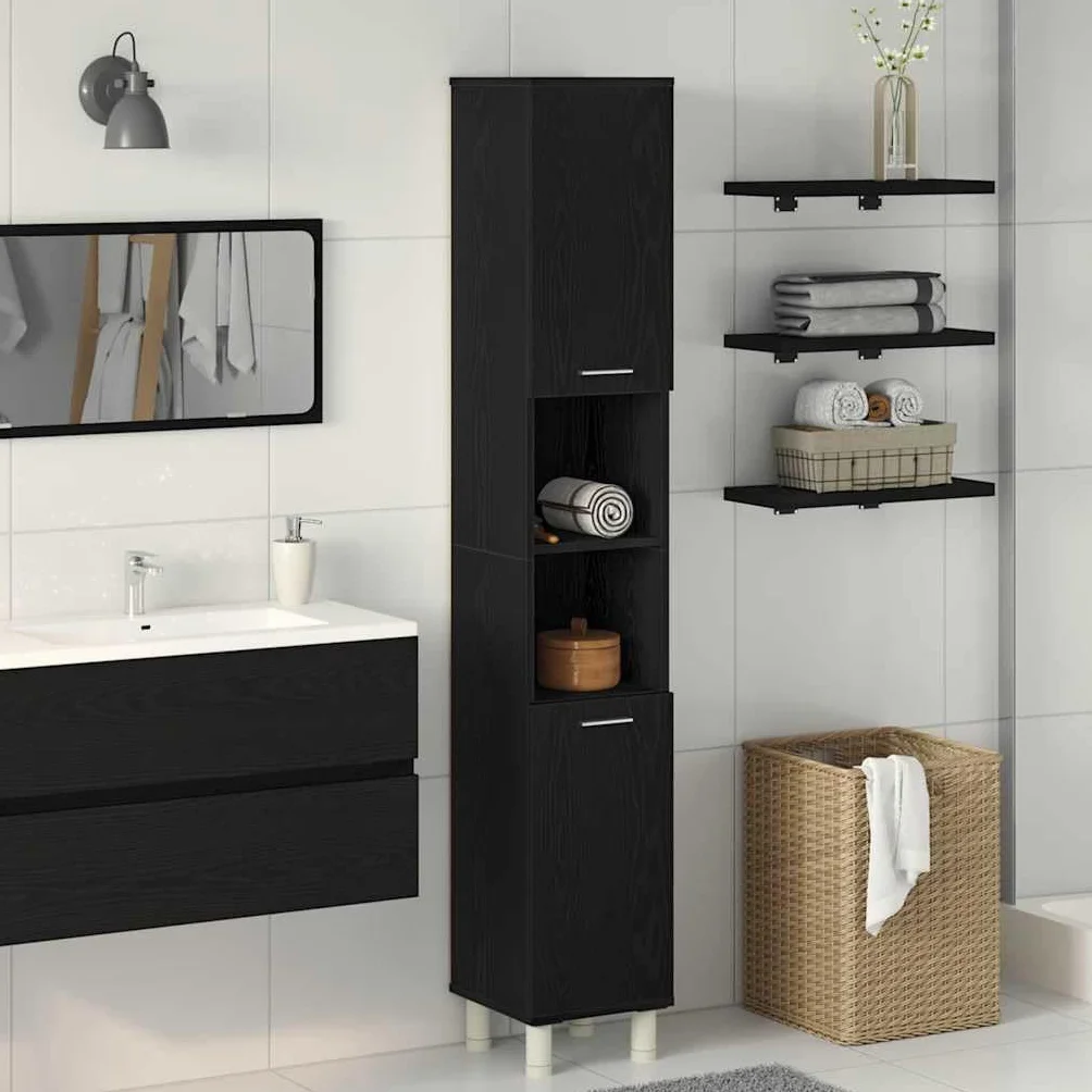 vidaXL Gabinete de Baño con Estante Roble Negro 30 x 30 x 179 cm, Almacenamiento para baño, Armario Compacto, diseño Moderno, estantería Duradera, Organizador Funcional