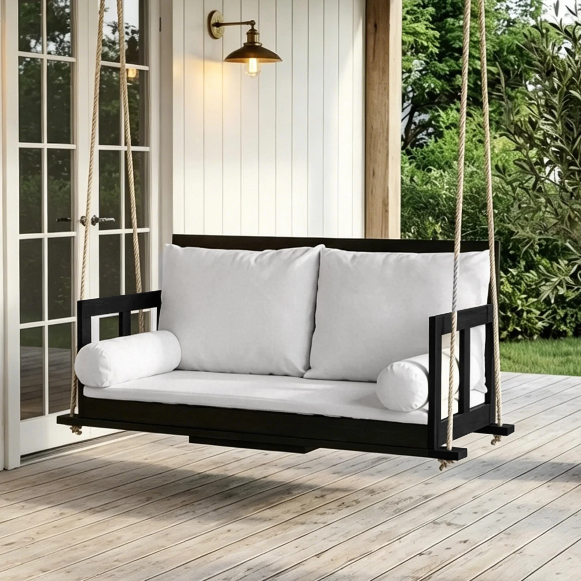 Columpio doble para jardín al aire libre, incluye cojín extraíble lavable y dos cuerdas, de madera de acacia, color negro y beige