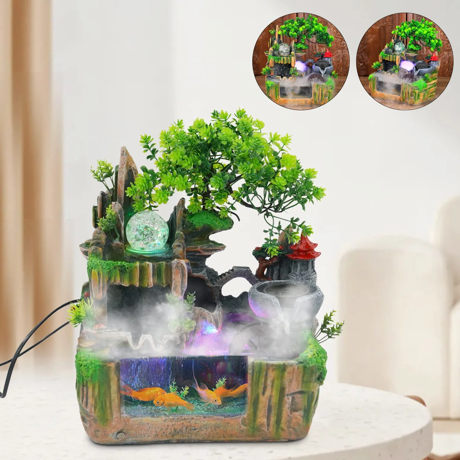 Fuente pequeña con iluminación, fuente de mesa, habitación, cascada, mini paisaje rocoso con estanque y máquina de niebla, 30 x 18 x 33 cm