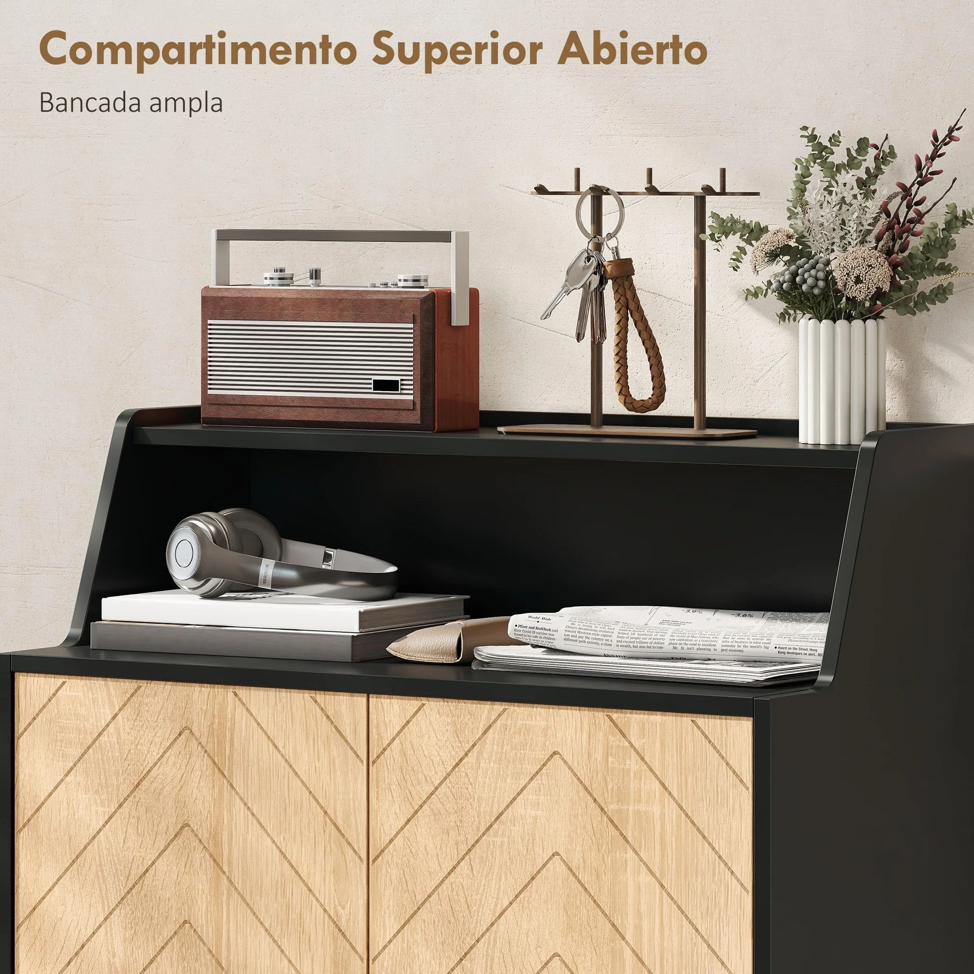 HOMCOM Zapatero de 2 Puertas en Espiga, Zapatero Entrada Recibidor con Estantes Ajustables, Compartimento Abierto y Patas de Madera, para 15 Pares de Zapatos, 75x35x104 cm, Negro y Natural