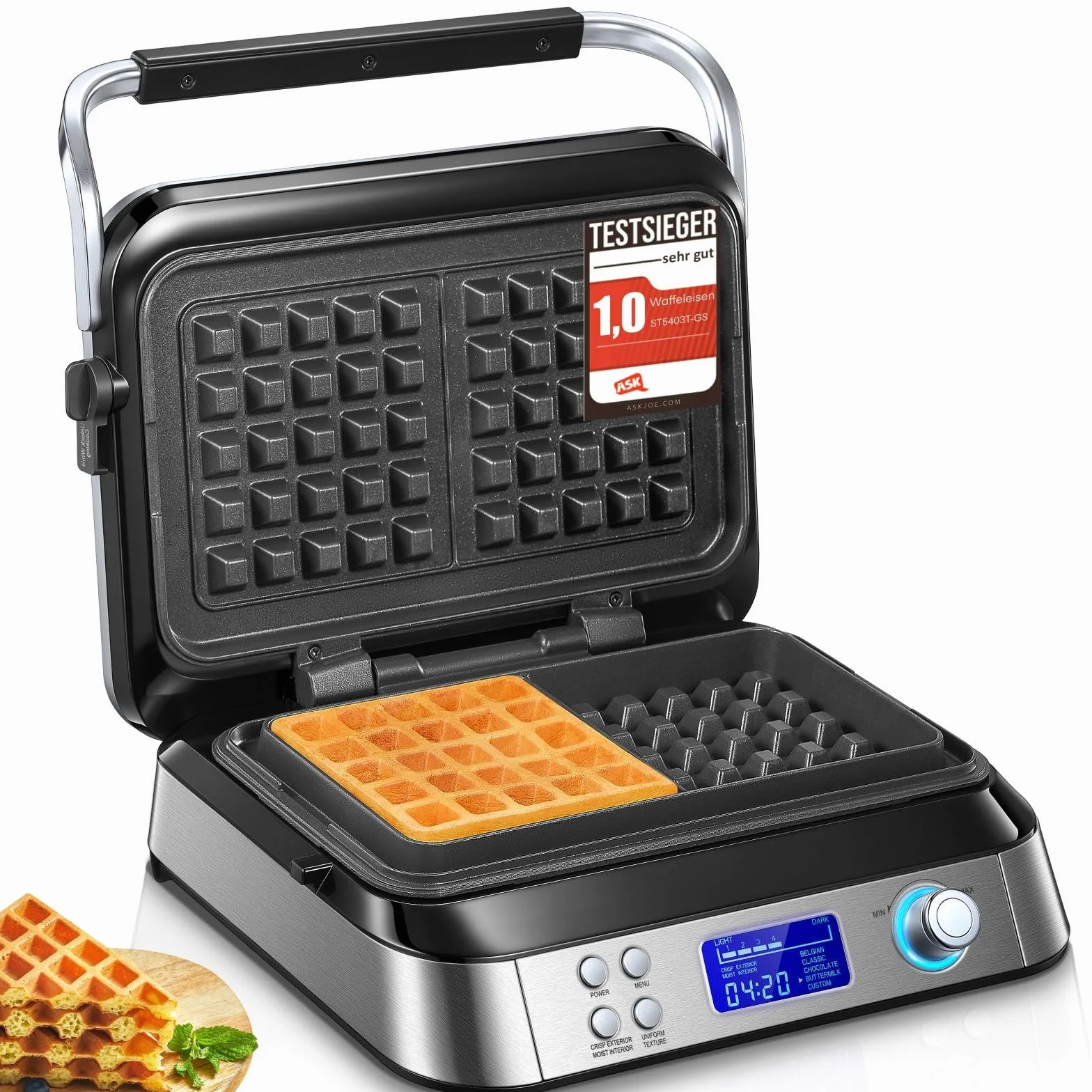 Gofrera Belga 1600 W, Gofrera Double Inteligente Pro con Pantalla LED, 5 Programas Diferentes, 7 Termostato Regulable, Asa Fría al Tacto, Acero Inoxidable (Silver)