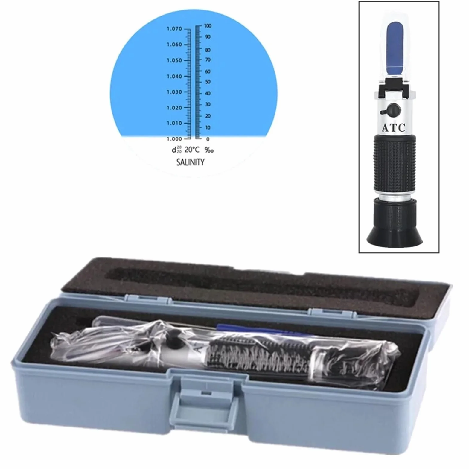 Refractómetro de salinidad 0-10% para acuarios, probador de agua de mano con ATC, hidrómetro preciso para medir los niveles de salinidad en tanques de agua dulce marinos