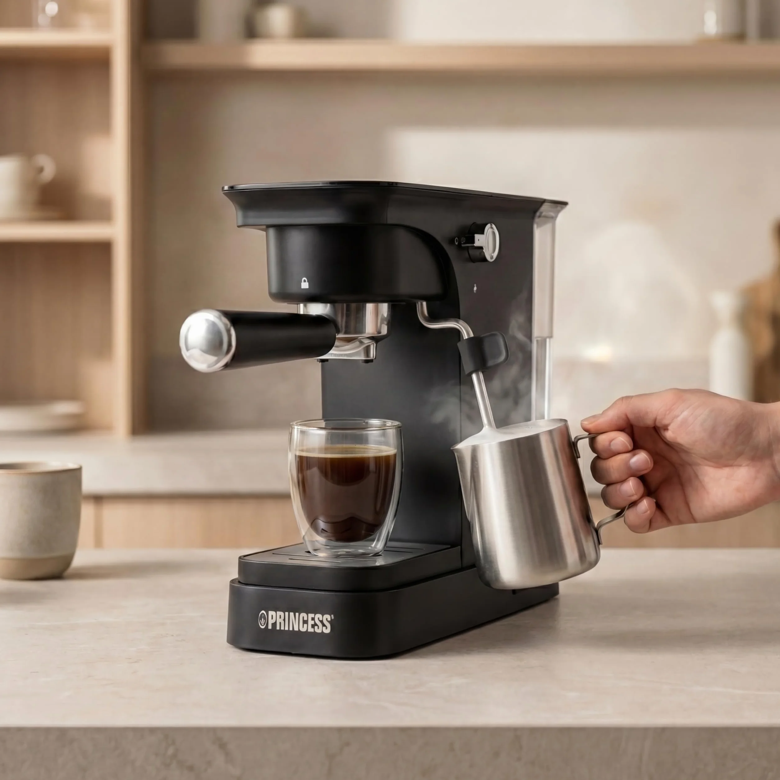 Princess Espresso Machine, Bomba de 20 Bar, Depósito de Agua de 0,8 l, Para Café Molido y Cápsulas ESE, Diseño Compacto, Negro, 01.249421.01.001